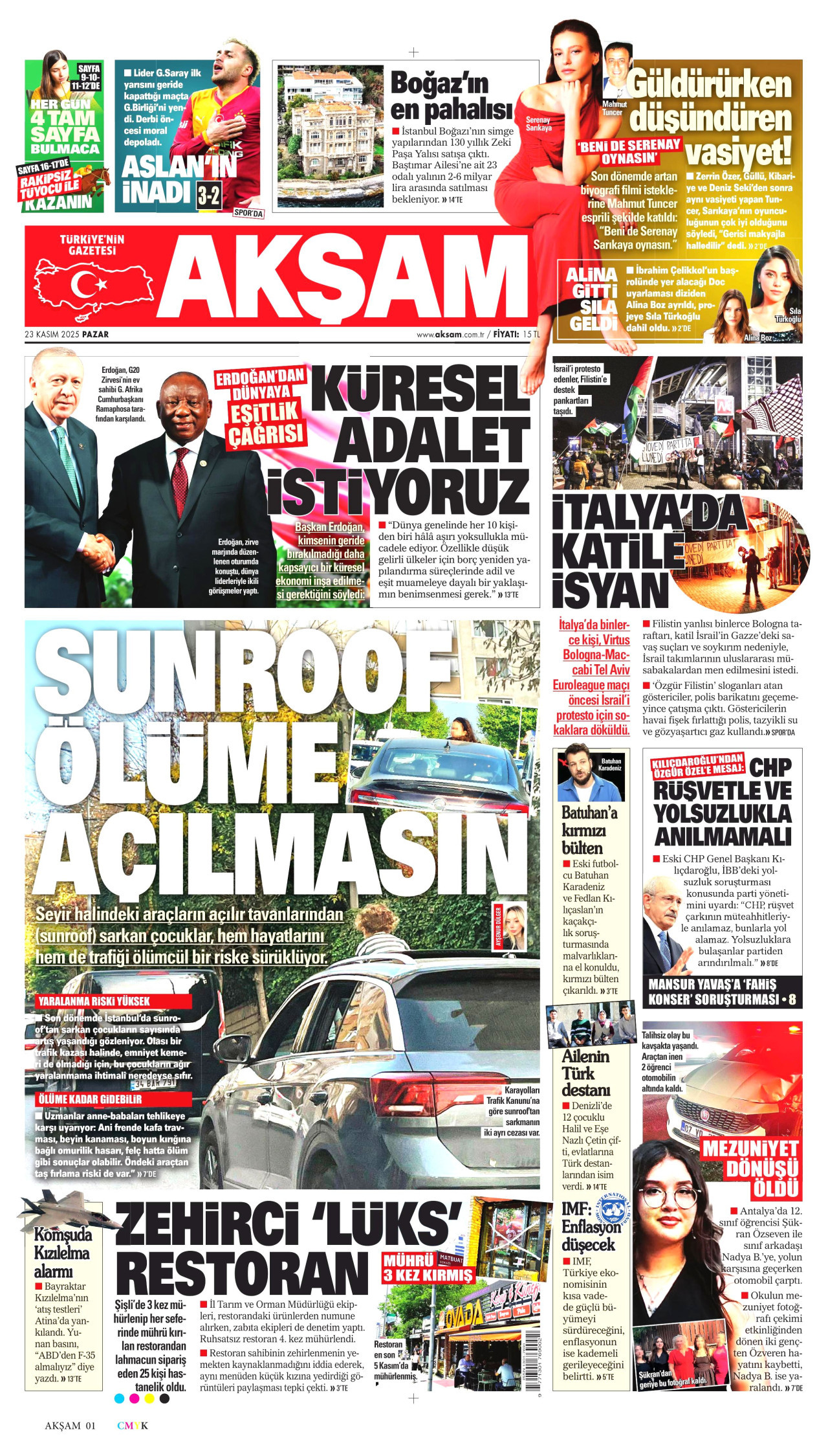 AKŞAM gazetesinin 23 Kasım 2025 tarihli birinci sayfası