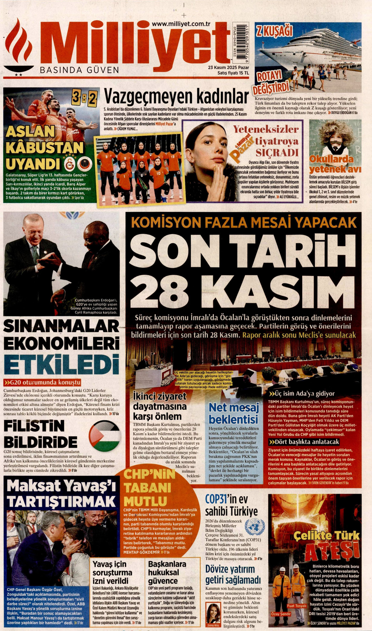 MİLLİYET gazetesinin 23 Kasım 2025 tarihli birinci sayfası