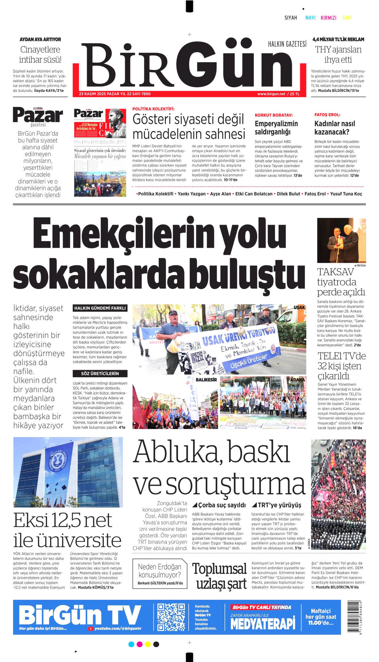 BİRGÜN gazetesinin 23 Kasım 2025 tarihli birinci sayfası