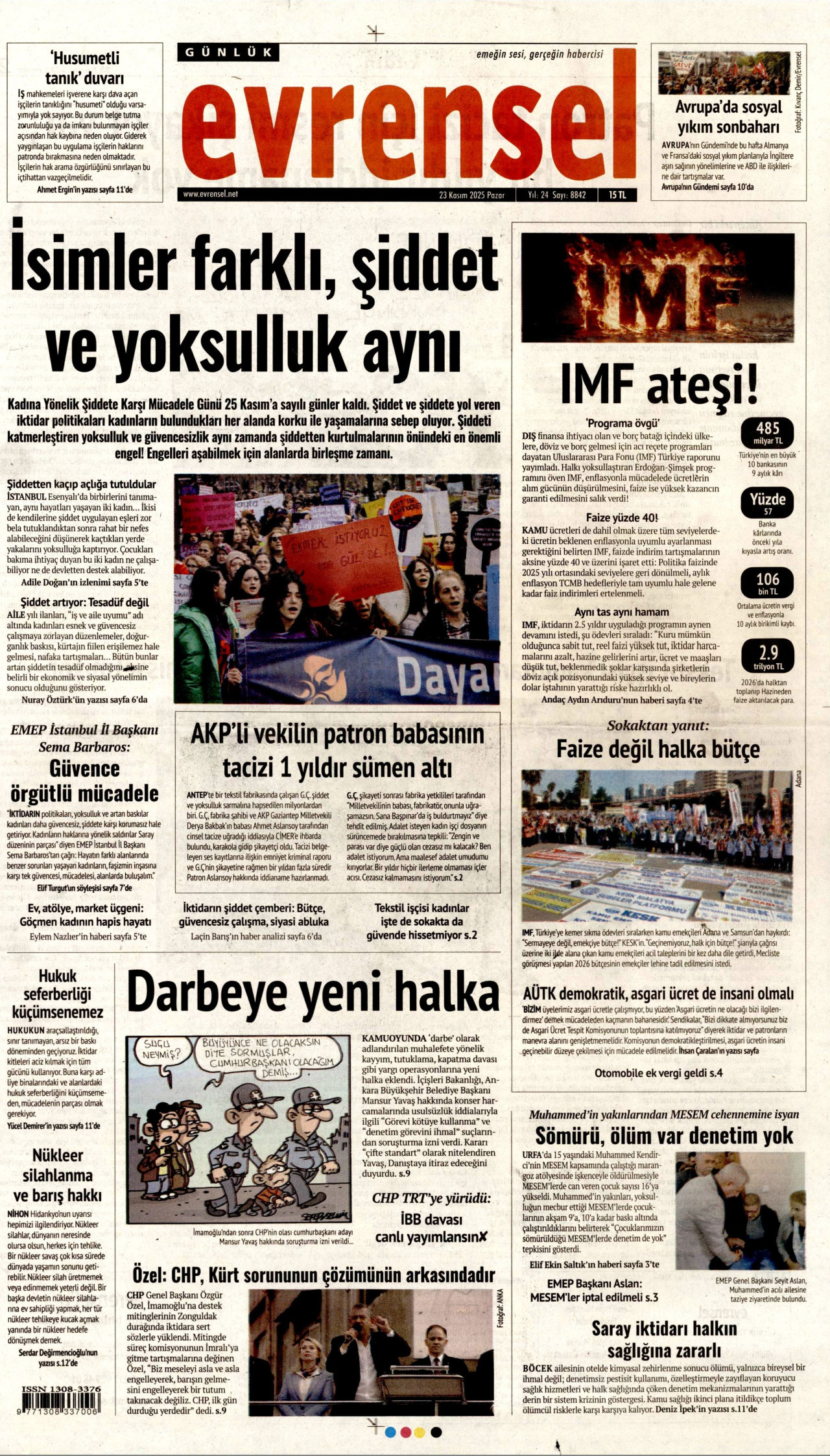 EVRENSEL gazetesinin 23 Kasım 2025 tarihli birinci sayfası