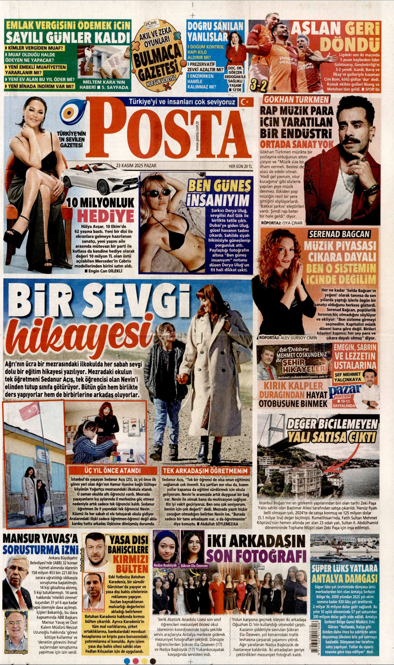 POSTA gazetesinin 23 Kasım 2025 tarihli birinci sayfası
