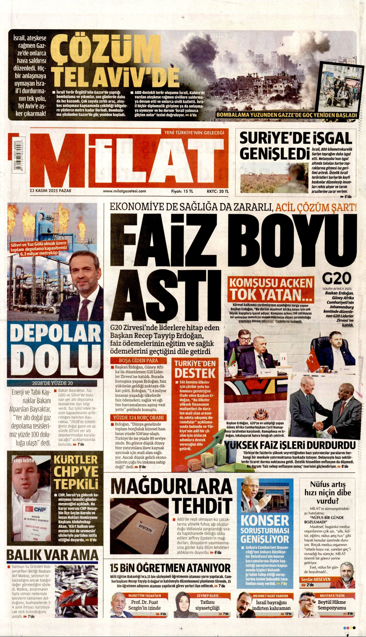 MİLAT gazetesinin 23 Kasım 2025 tarihli birinci sayfası