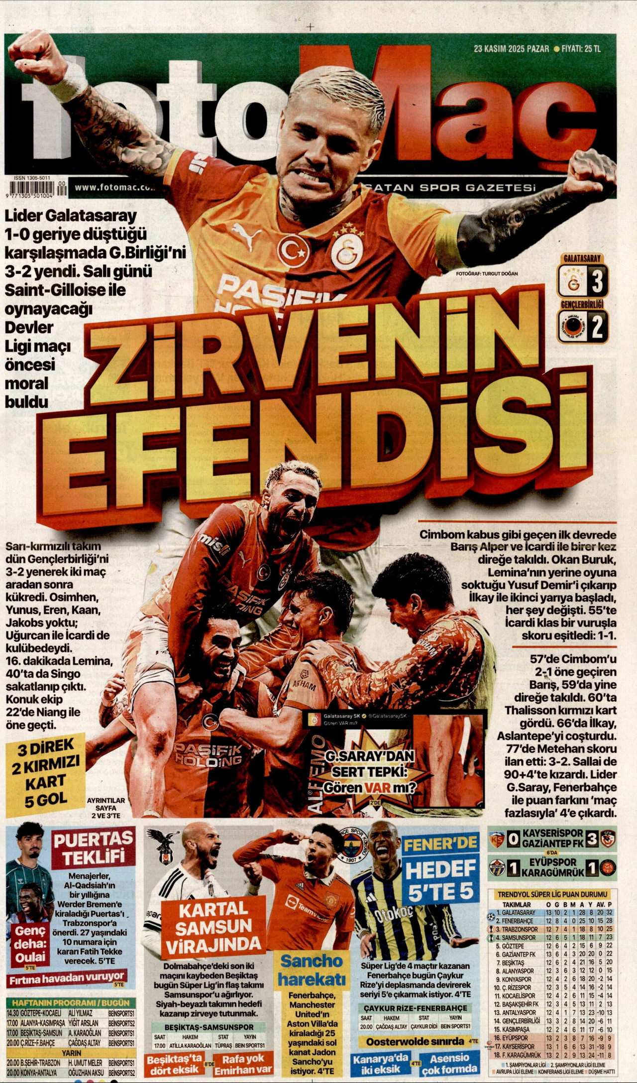 FOTOMAÇ gazetesinin 23 Kasım 2025 tarihli birinci sayfası
