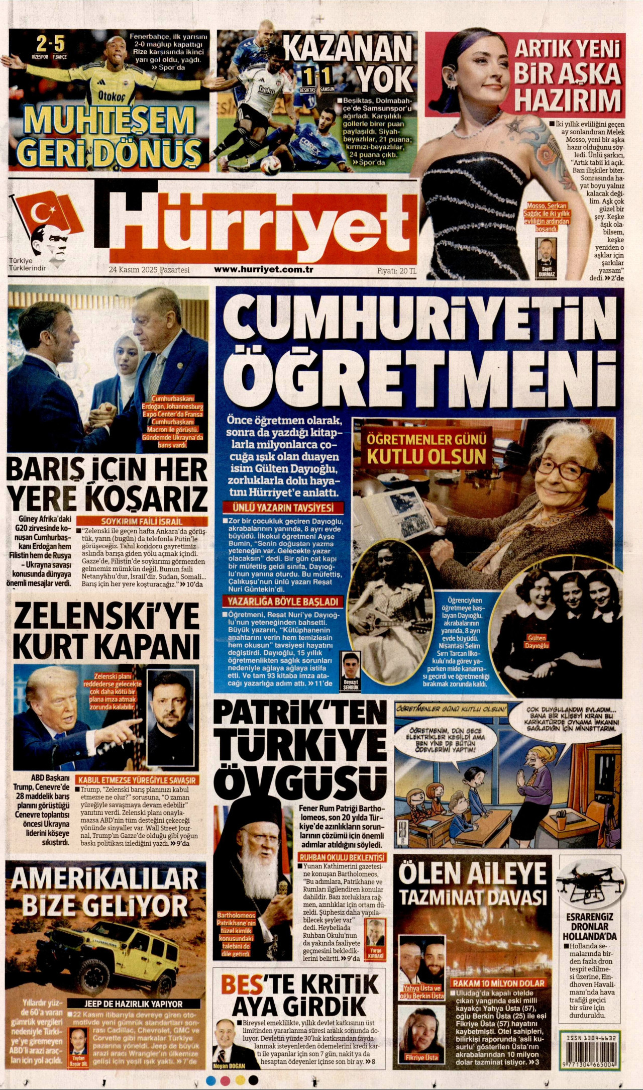 HÜRRİYET gazetesinin 24 Kasım 2025 tarihli birinci sayfası