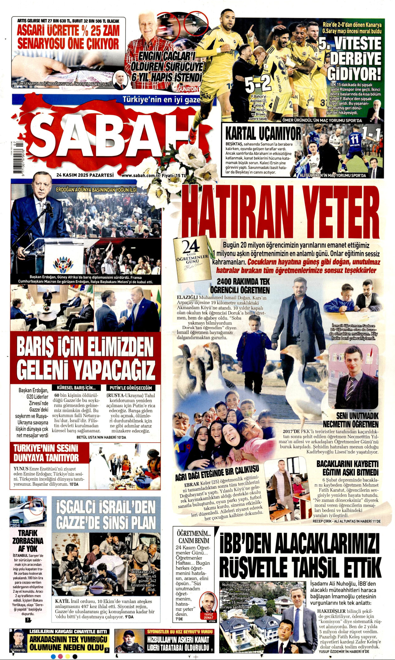 SABAH gazetesinin 24 Kasım 2025 tarihli birinci sayfası