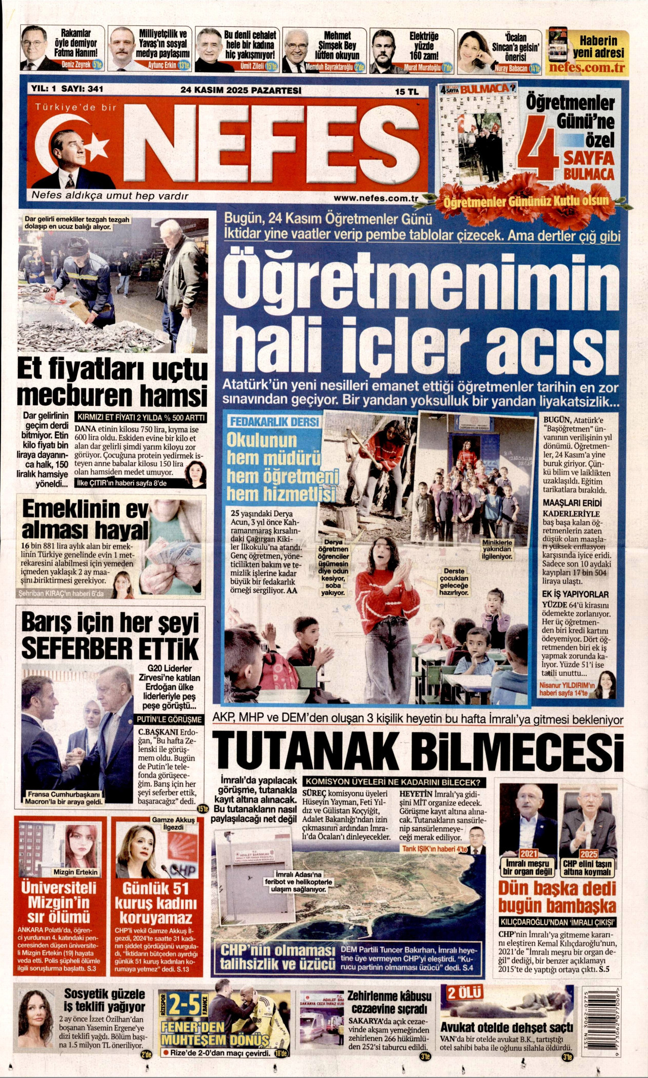 NEFES gazetesinin 24 Kasım 2025 tarihli birinci sayfası
