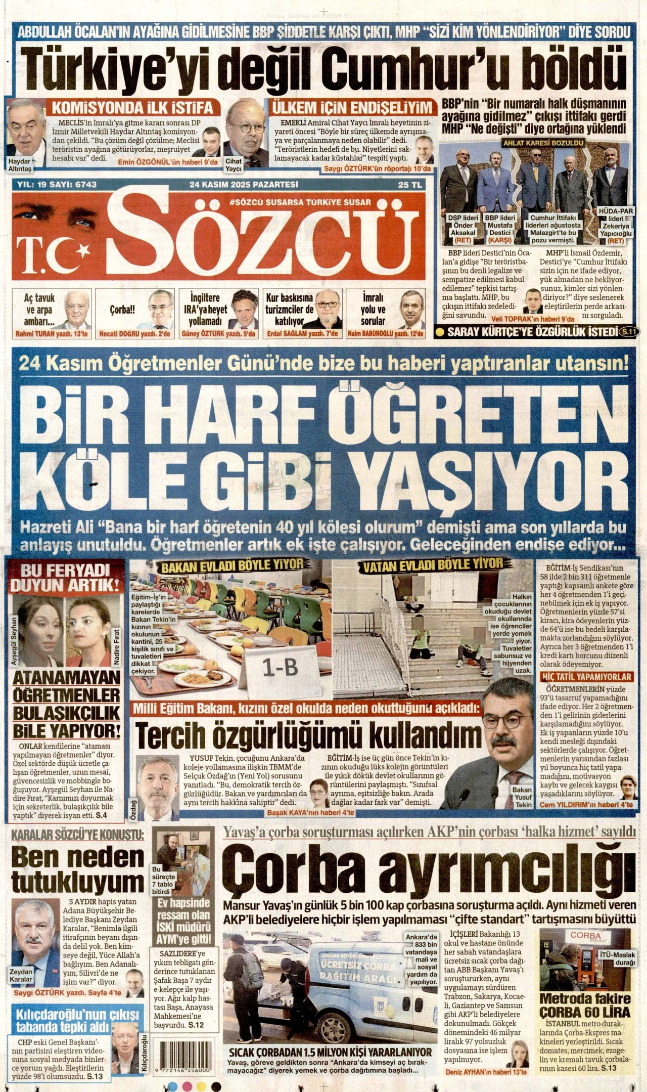 SÖZCÜ gazetesinin 24 Kasım 2025 tarihli birinci sayfası