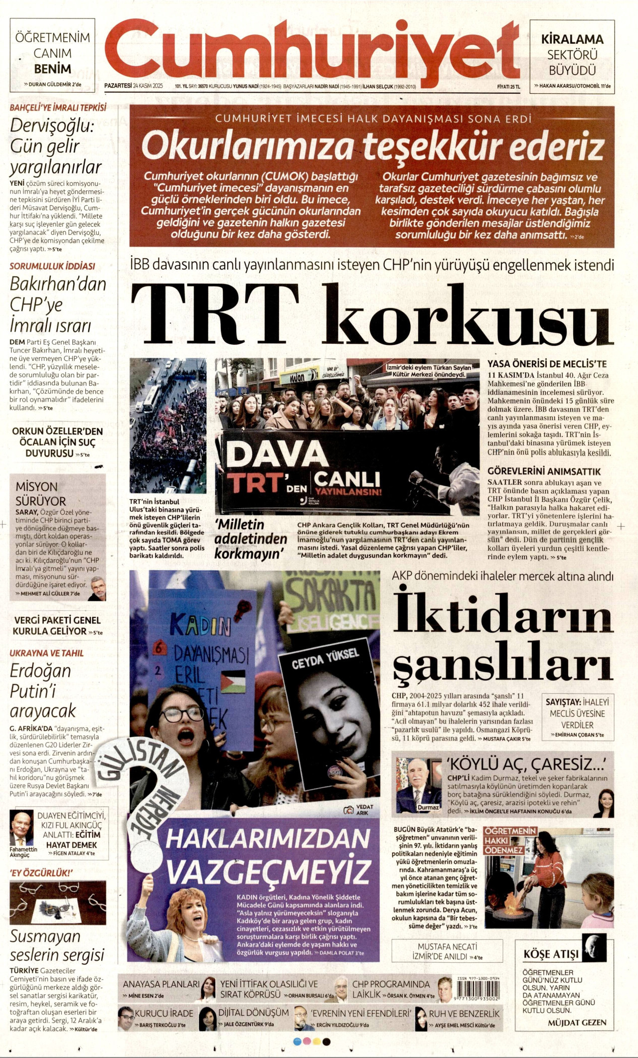 CUMHURİYET gazetesinin 24 Kasım 2025 tarihli birinci sayfası