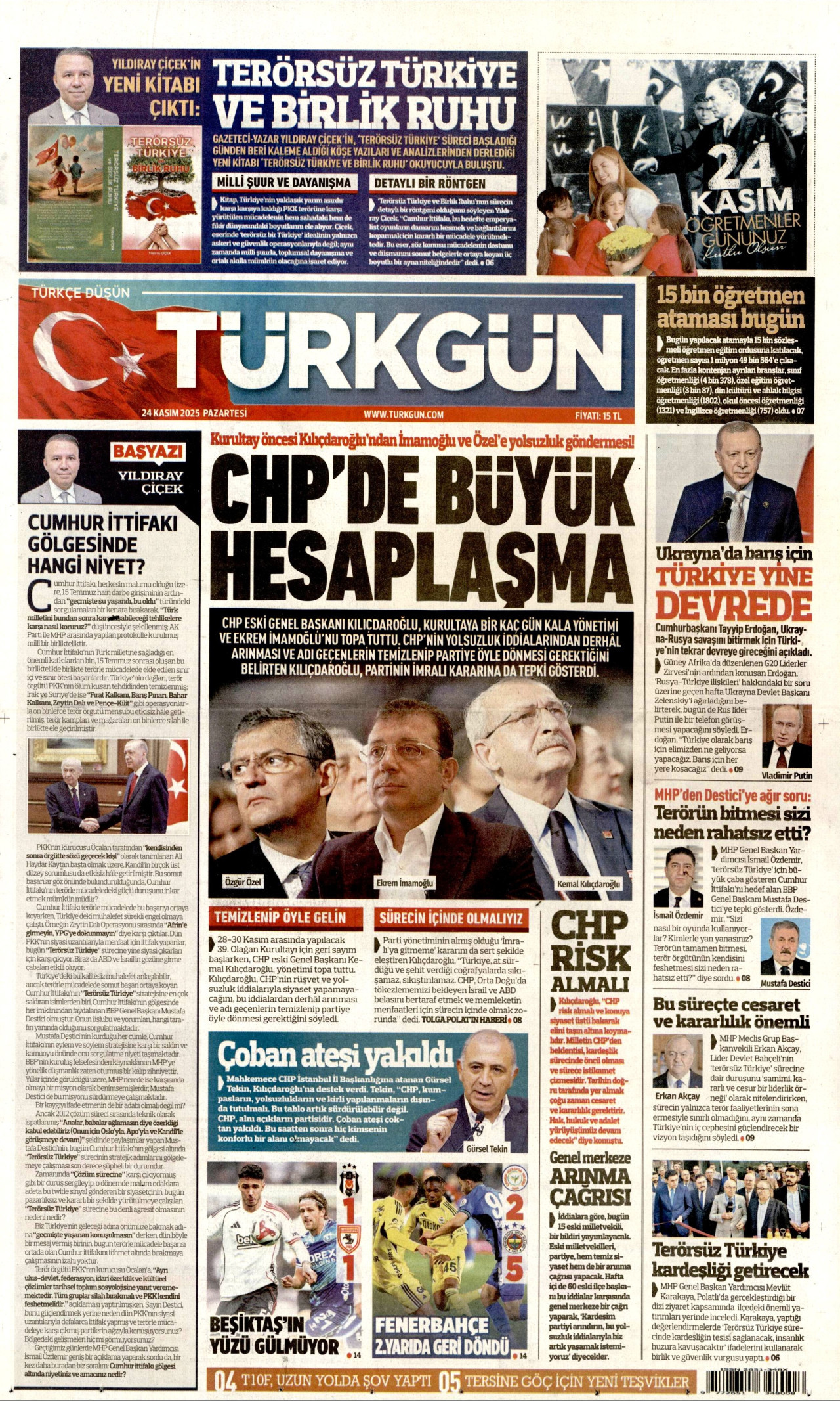 TÜRKGÜN gazetesinin 24 Kasım 2025 tarihli birinci sayfası