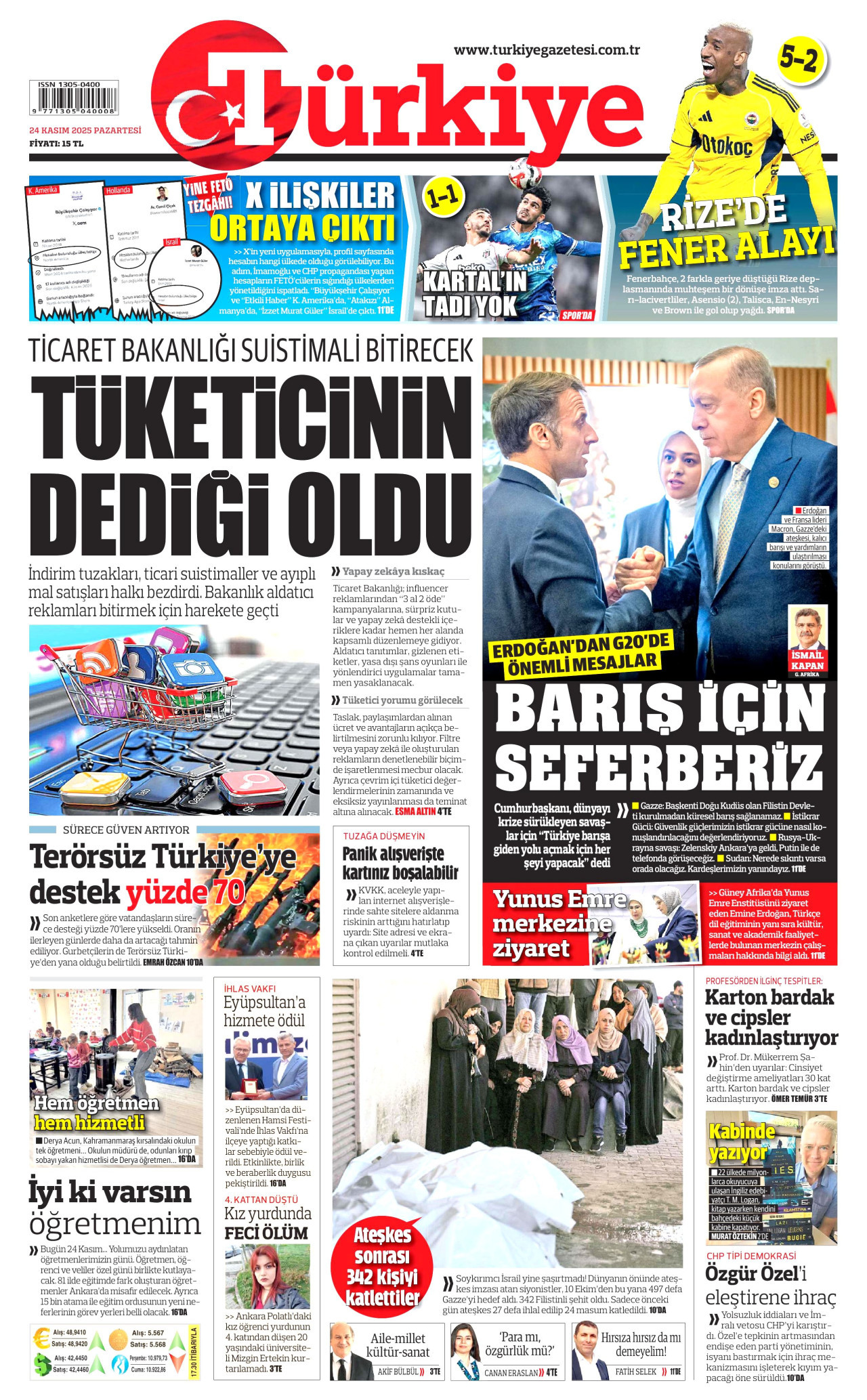 TÜRKİYE GAZETESİ gazetesinin 24 Kasım 2025 tarihli birinci sayfası