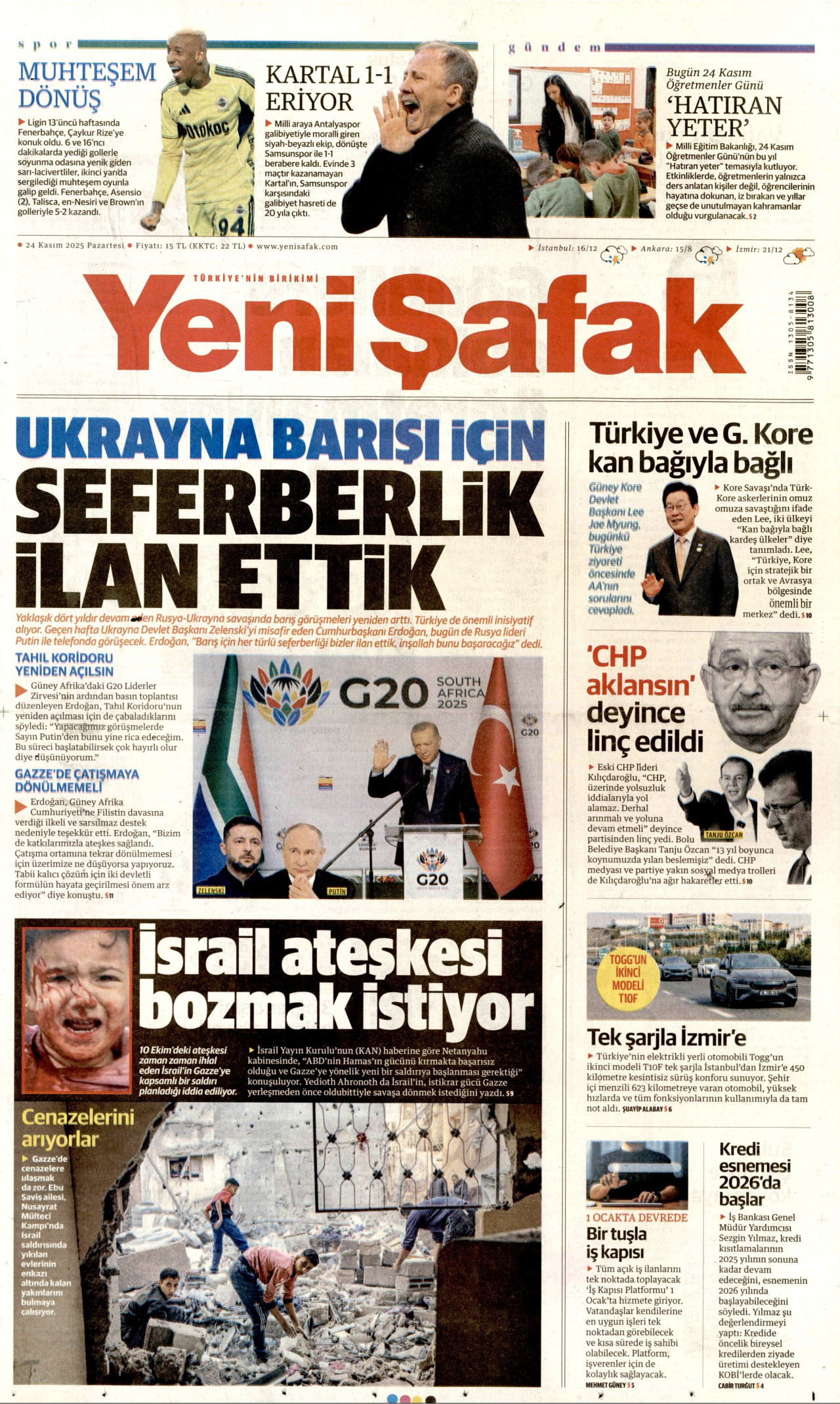 YENİ ŞAFAK gazetesinin 24 Kasım 2025 tarihli birinci sayfası