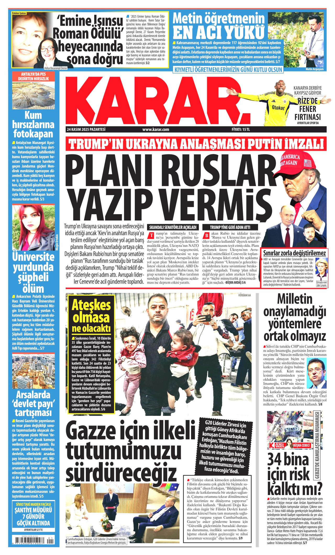 KARAR gazetesinin 24 Kasım 2025 tarihli birinci sayfası