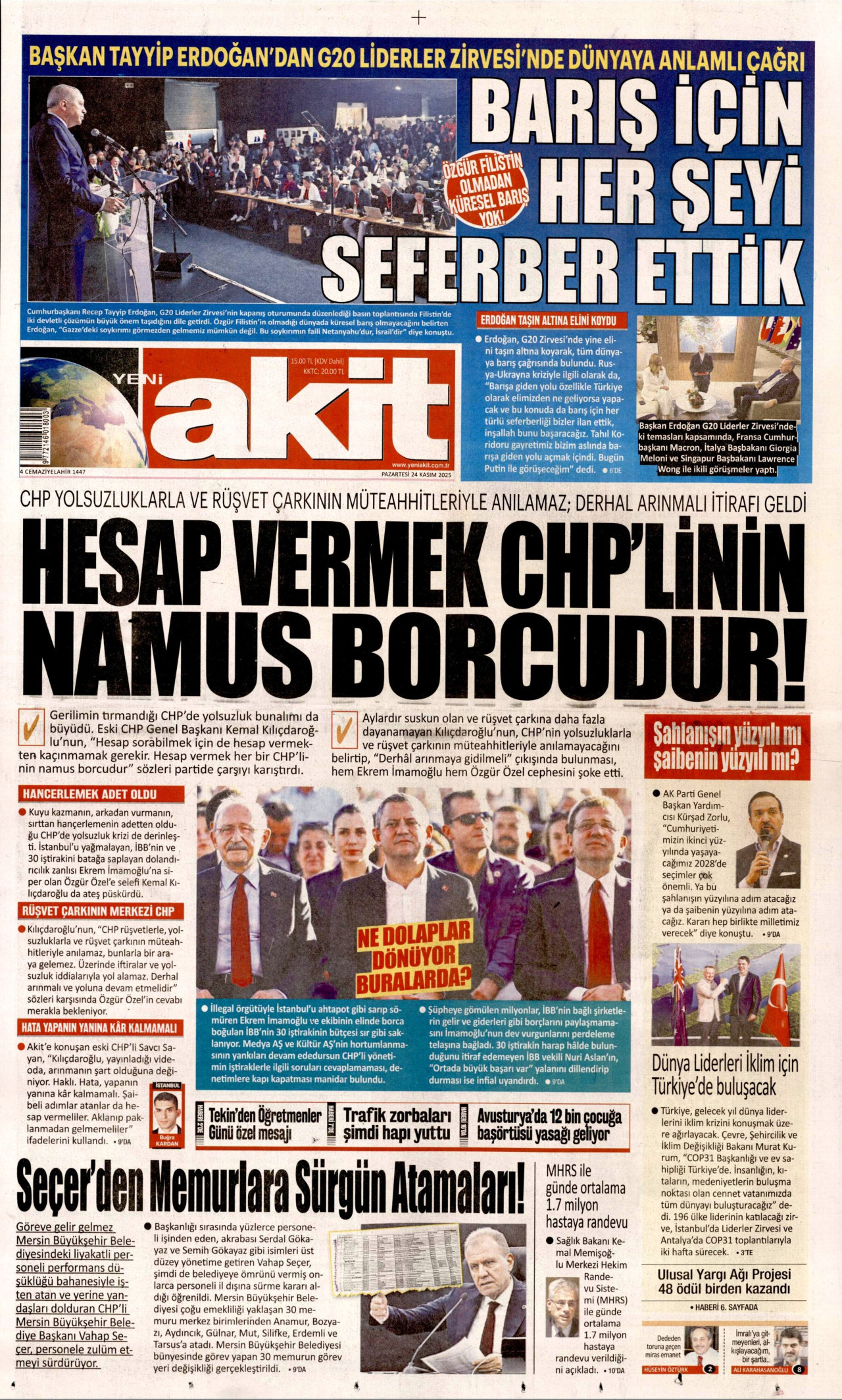 YENİ AKİT gazetesinin 24 Kasım 2025 tarihli birinci sayfası