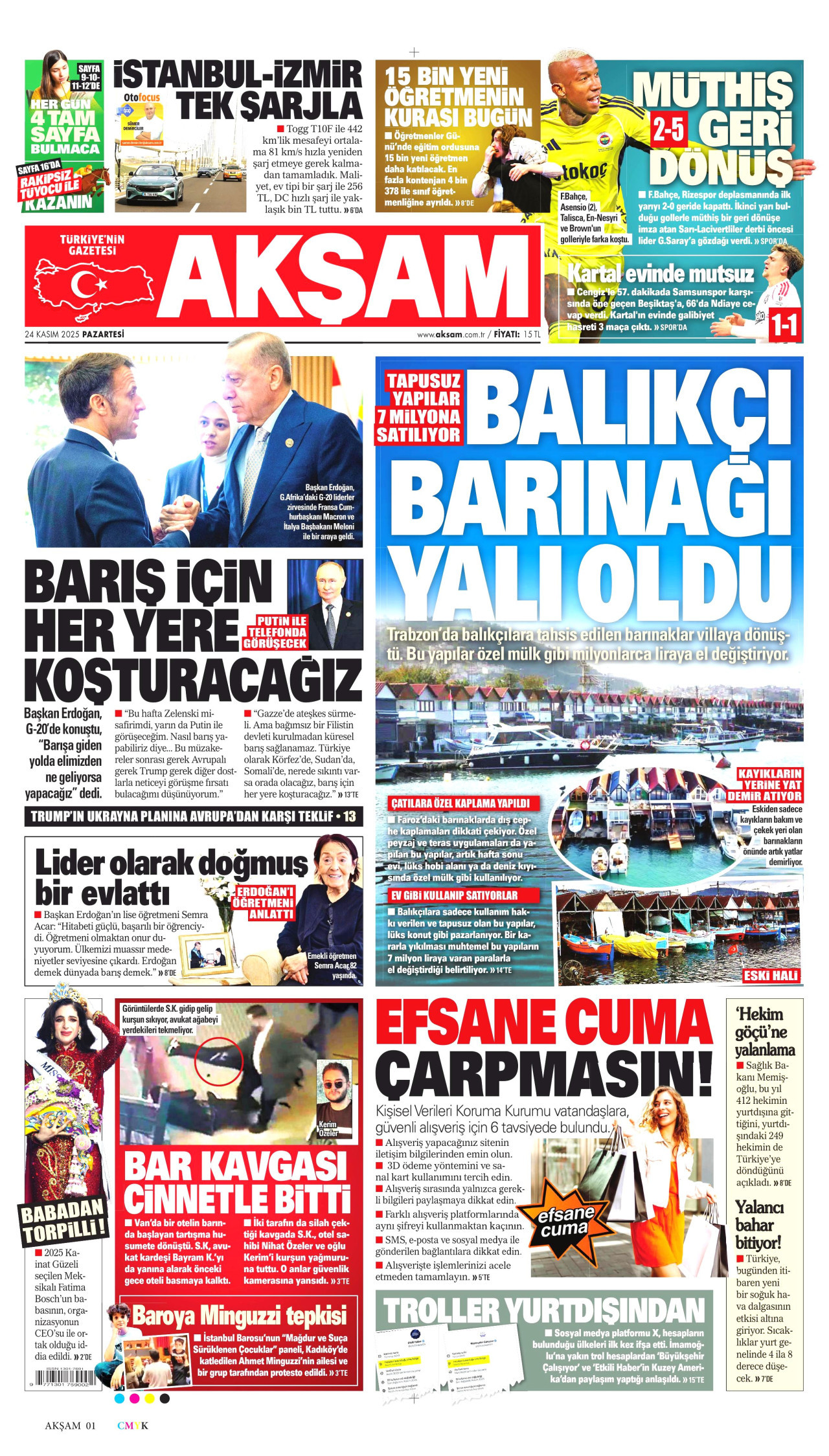 AKŞAM gazetesinin 24 Kasım 2025 tarihli birinci sayfası