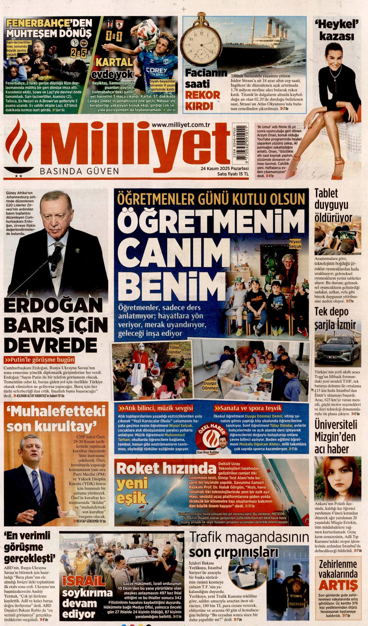 MİLLİYET gazetesinin 24 Kasım 2025 tarihli birinci sayfası