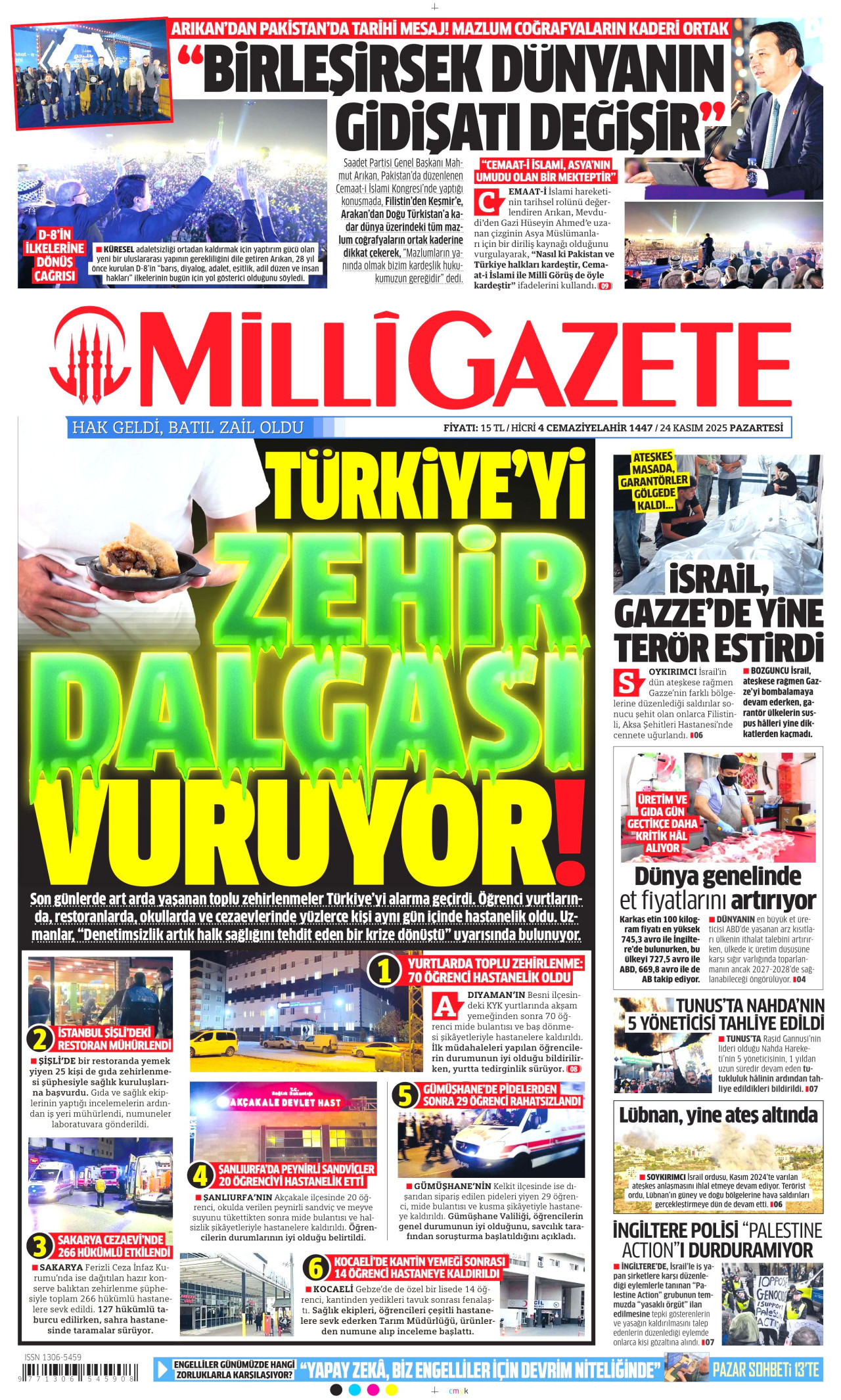 MİLLİ GAZETE gazetesinin 24 Kasım 2025 tarihli birinci sayfası