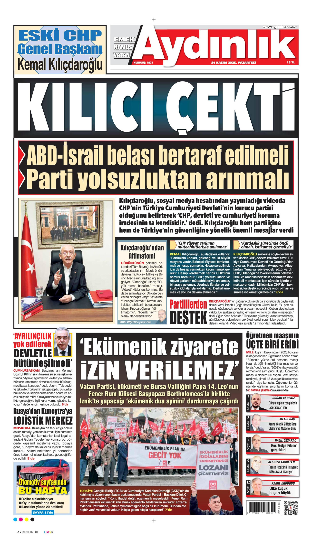 AYDINLIK GAZETESİ gazetesinin 24 Kasım 2025 tarihli birinci sayfası