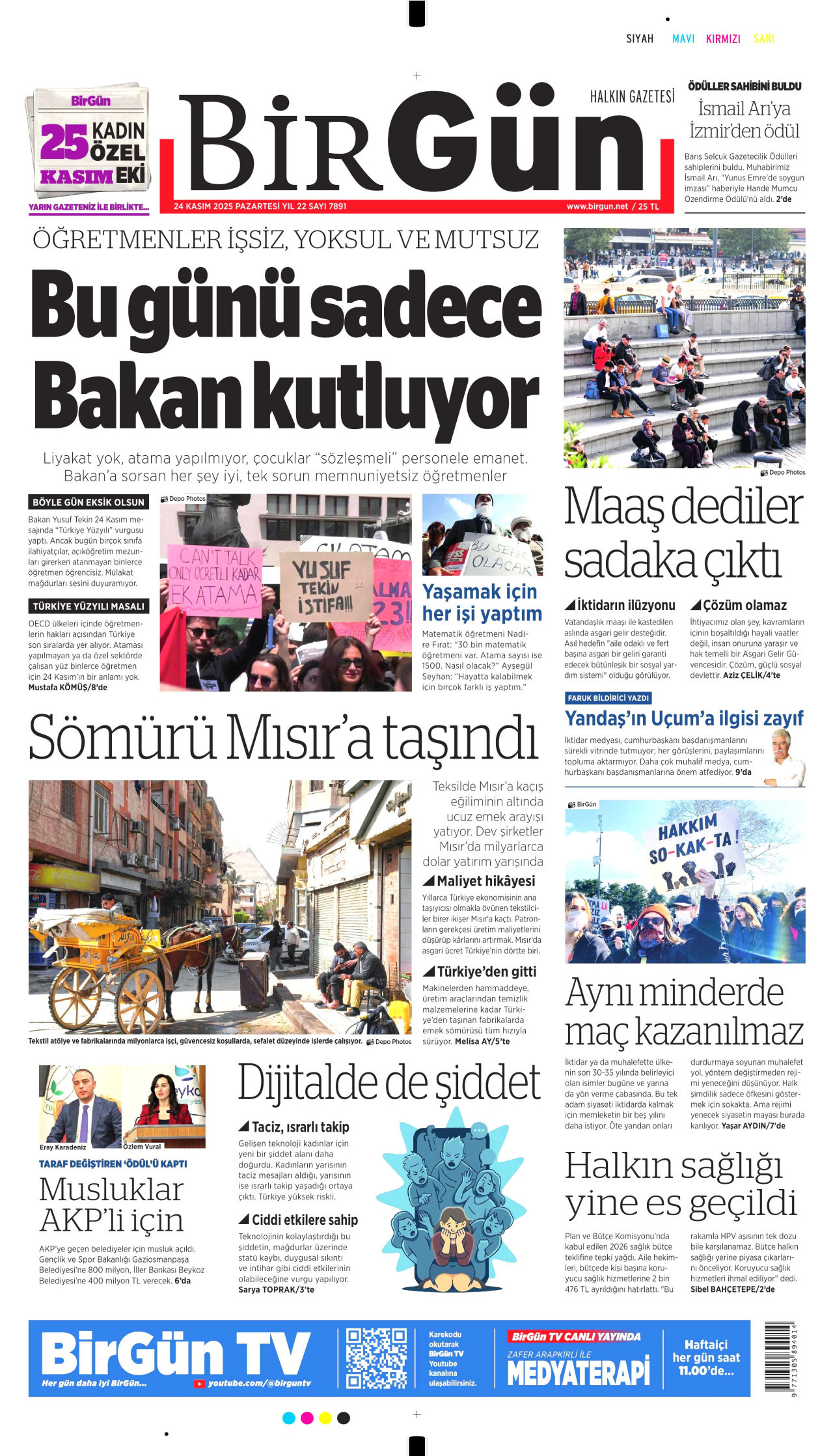 BİRGÜN gazetesinin 24 Kasım 2025 tarihli birinci sayfası