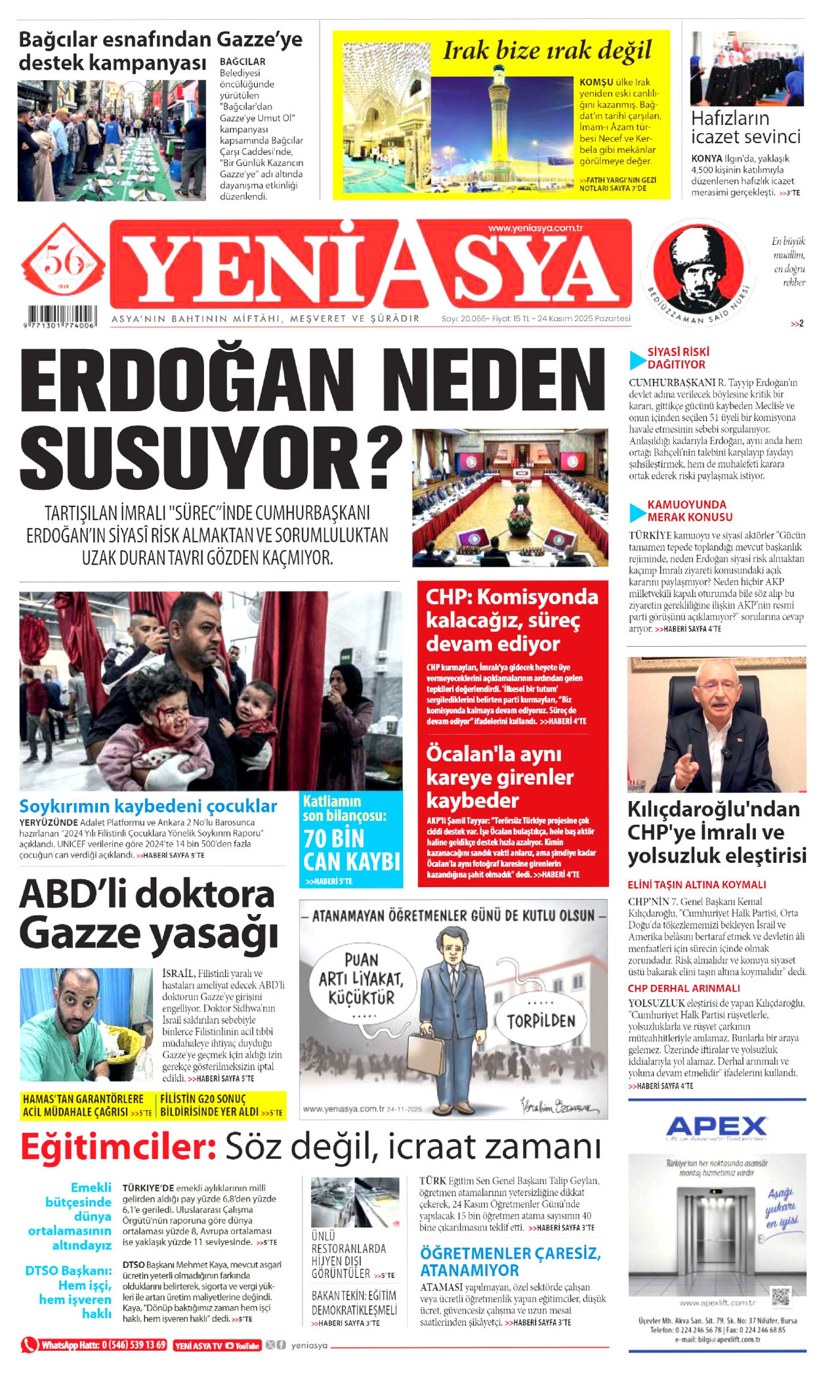 YENİ ASYA gazetesinin 24 Kasım 2025 tarihli birinci sayfası