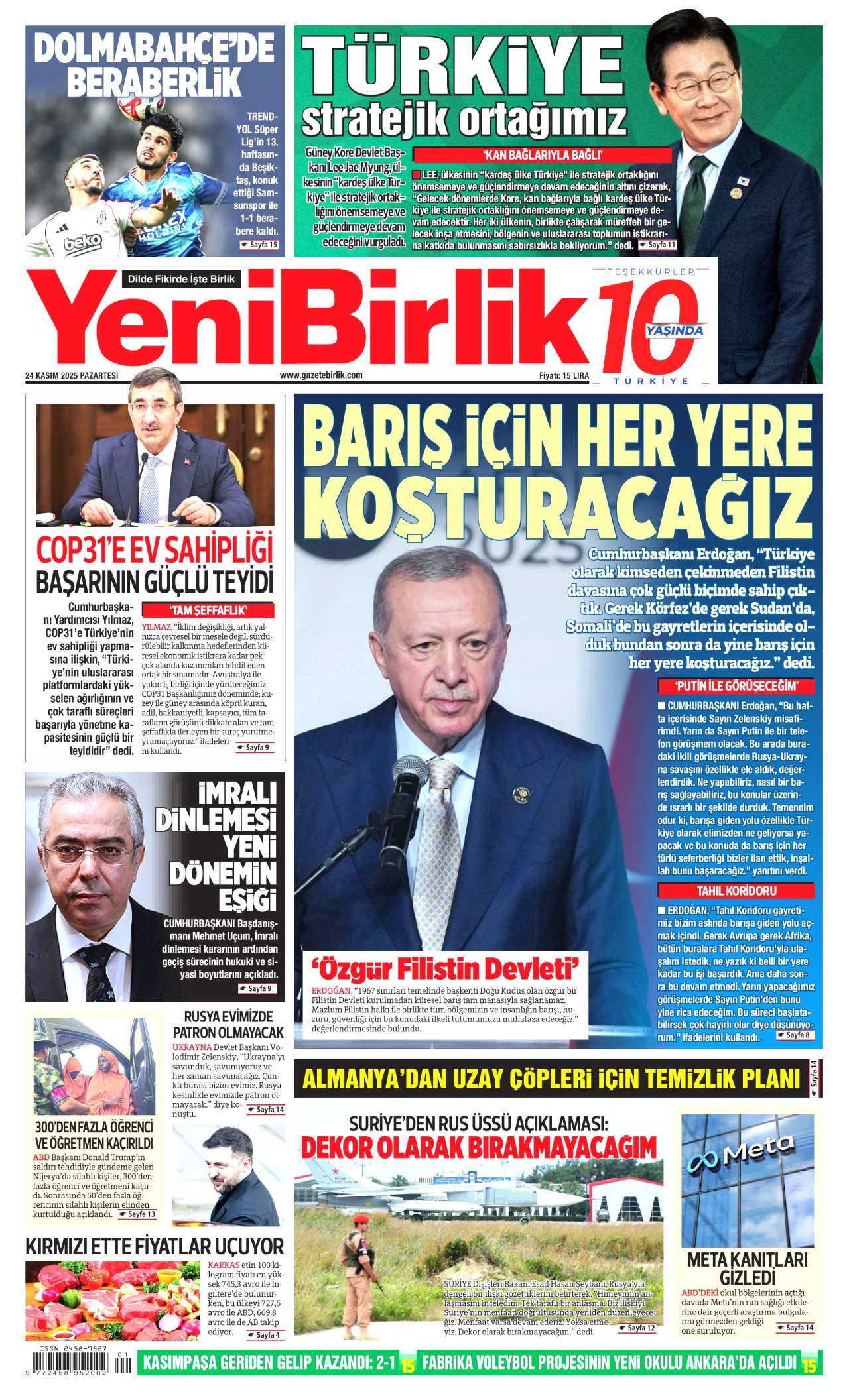 YENİBİRLİK gazetesinin 24 Kasım 2025 tarihli birinci sayfası