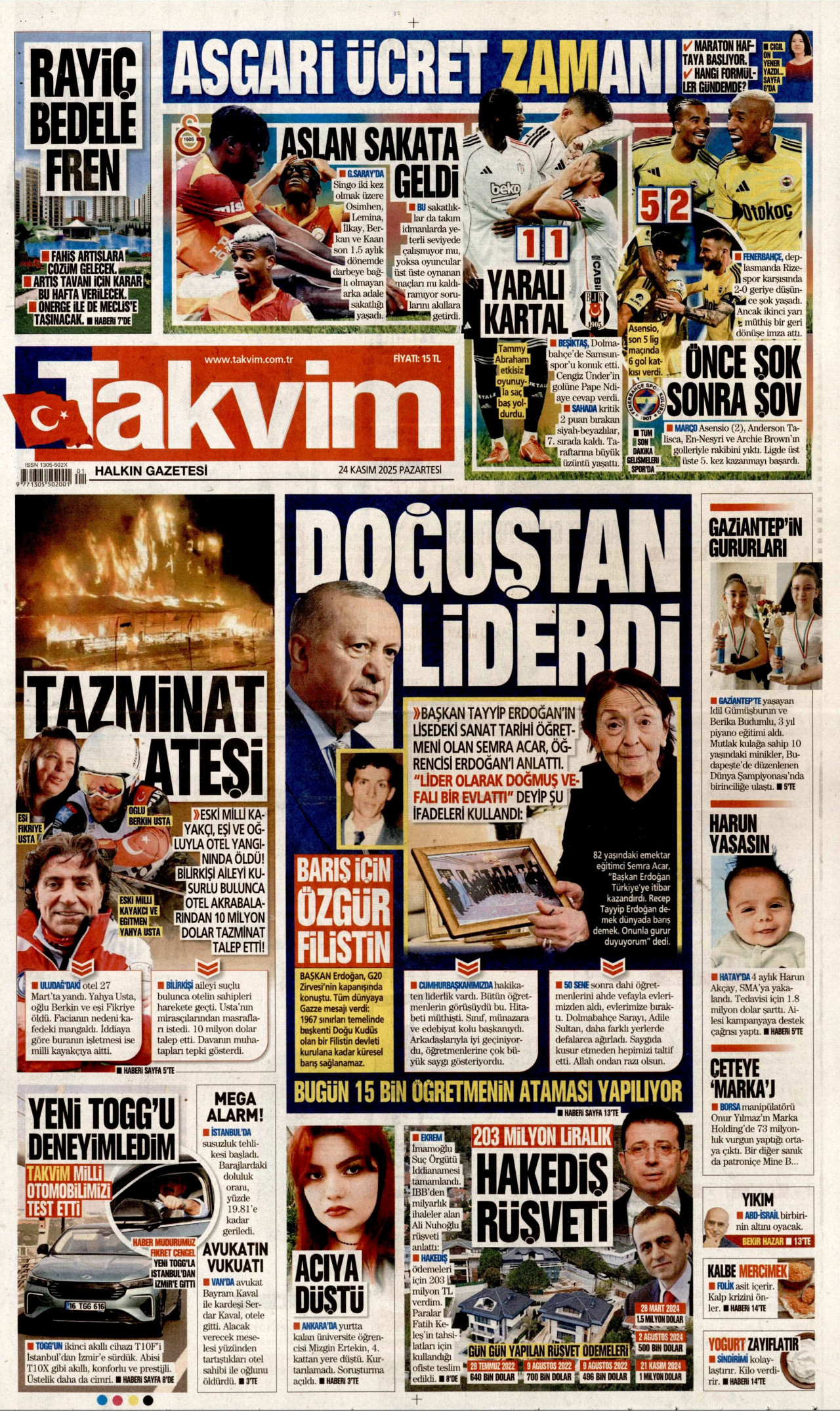 TAKVİM gazetesinin 24 Kasım 2025 tarihli birinci sayfası