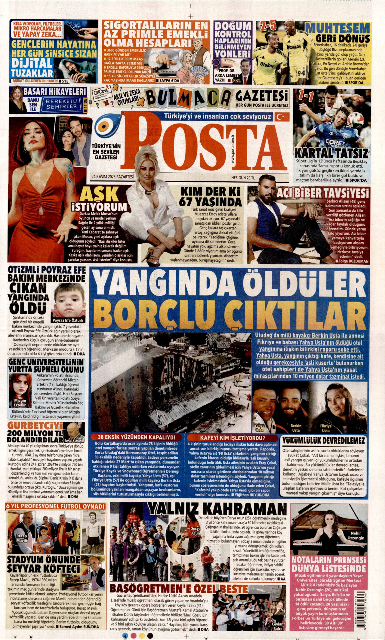 POSTA gazetesinin 24 Kasım 2025 tarihli birinci sayfası
