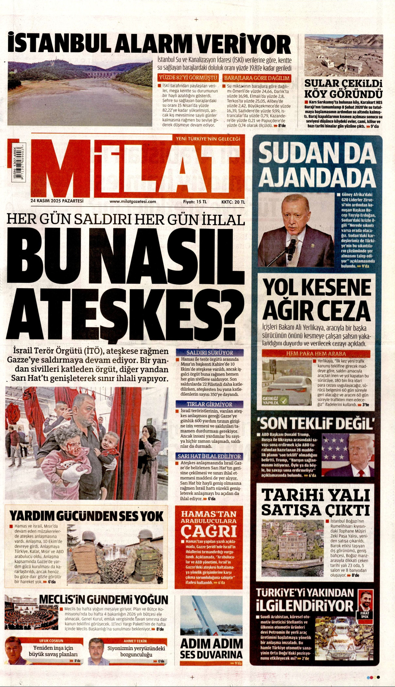 MİLAT gazetesinin 24 Kasım 2025 tarihli birinci sayfası
