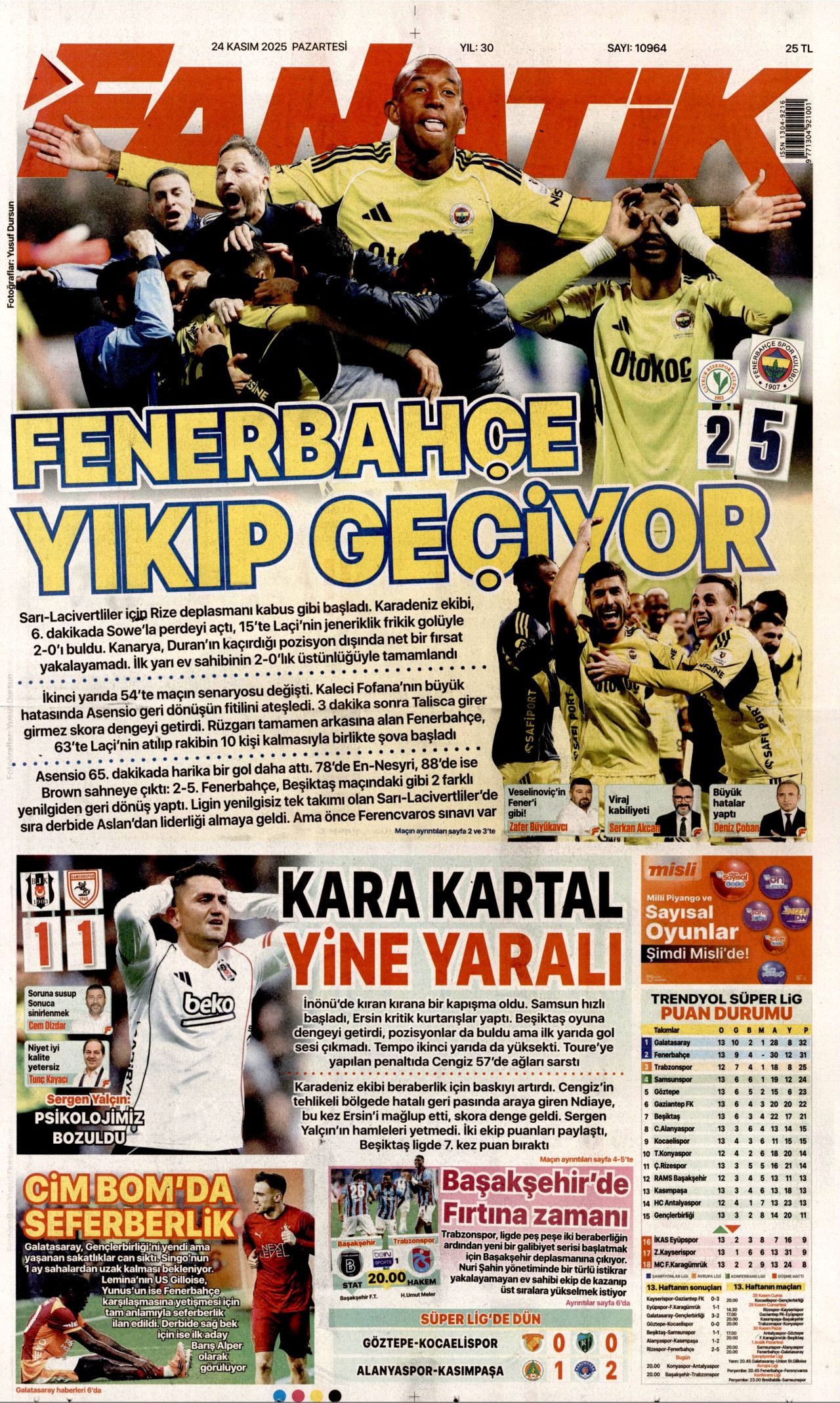 FANATİK gazetesinin 24 Kasım 2025 tarihli birinci sayfası