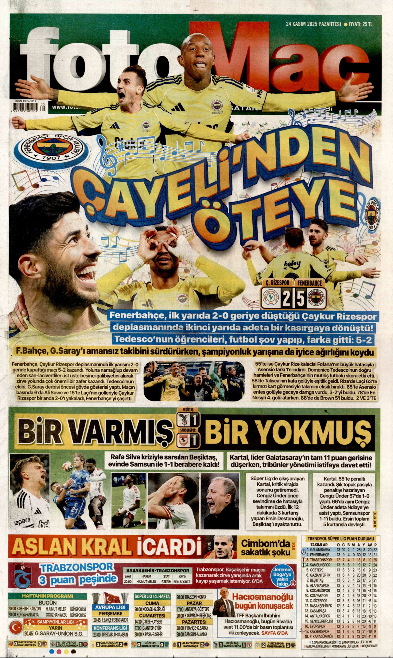 FOTOMAÇ gazetesinin 24 Kasım 2025 tarihli birinci sayfası