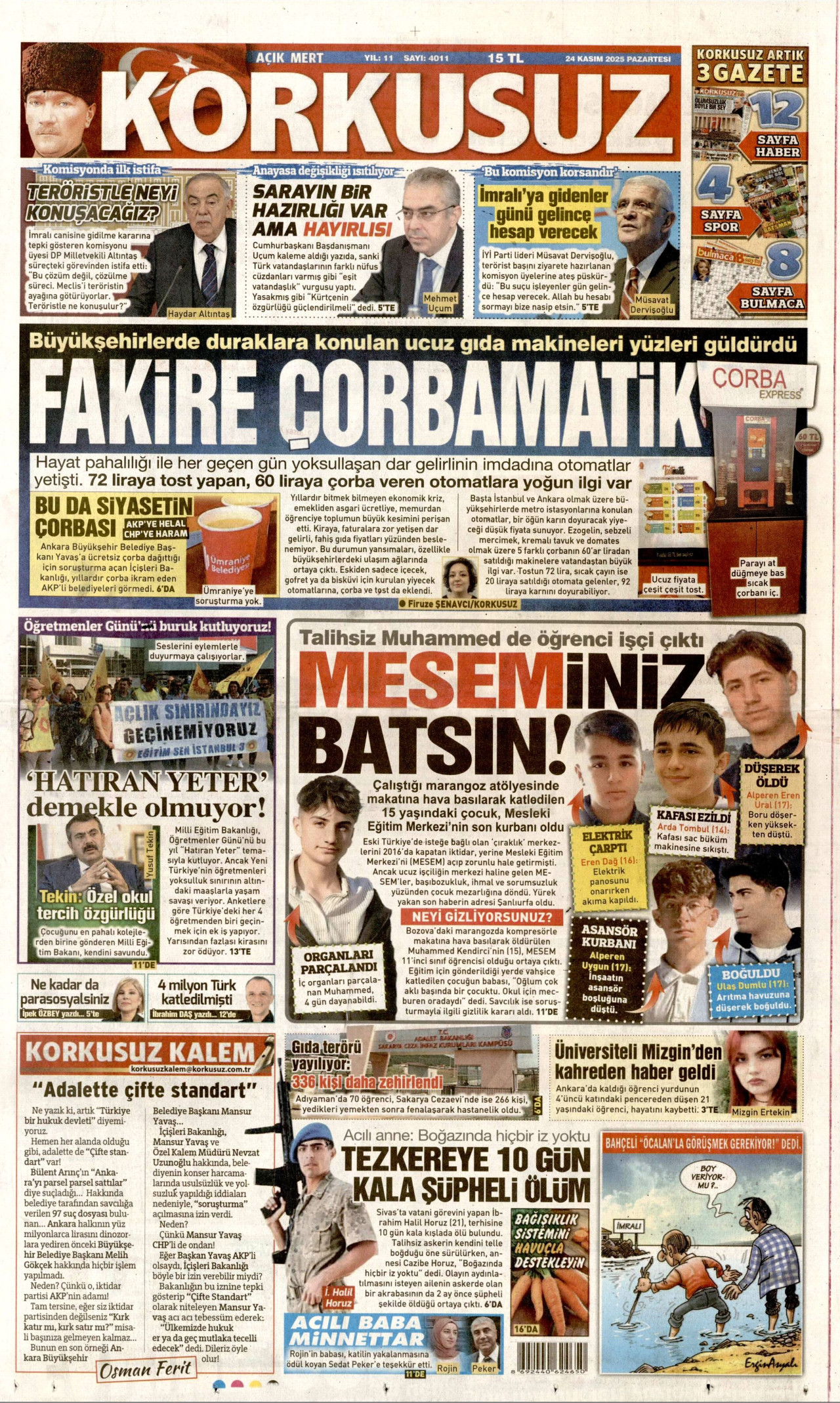 KORKUSUZ gazetesinin 24 Kasım 2025 tarihli birinci sayfası