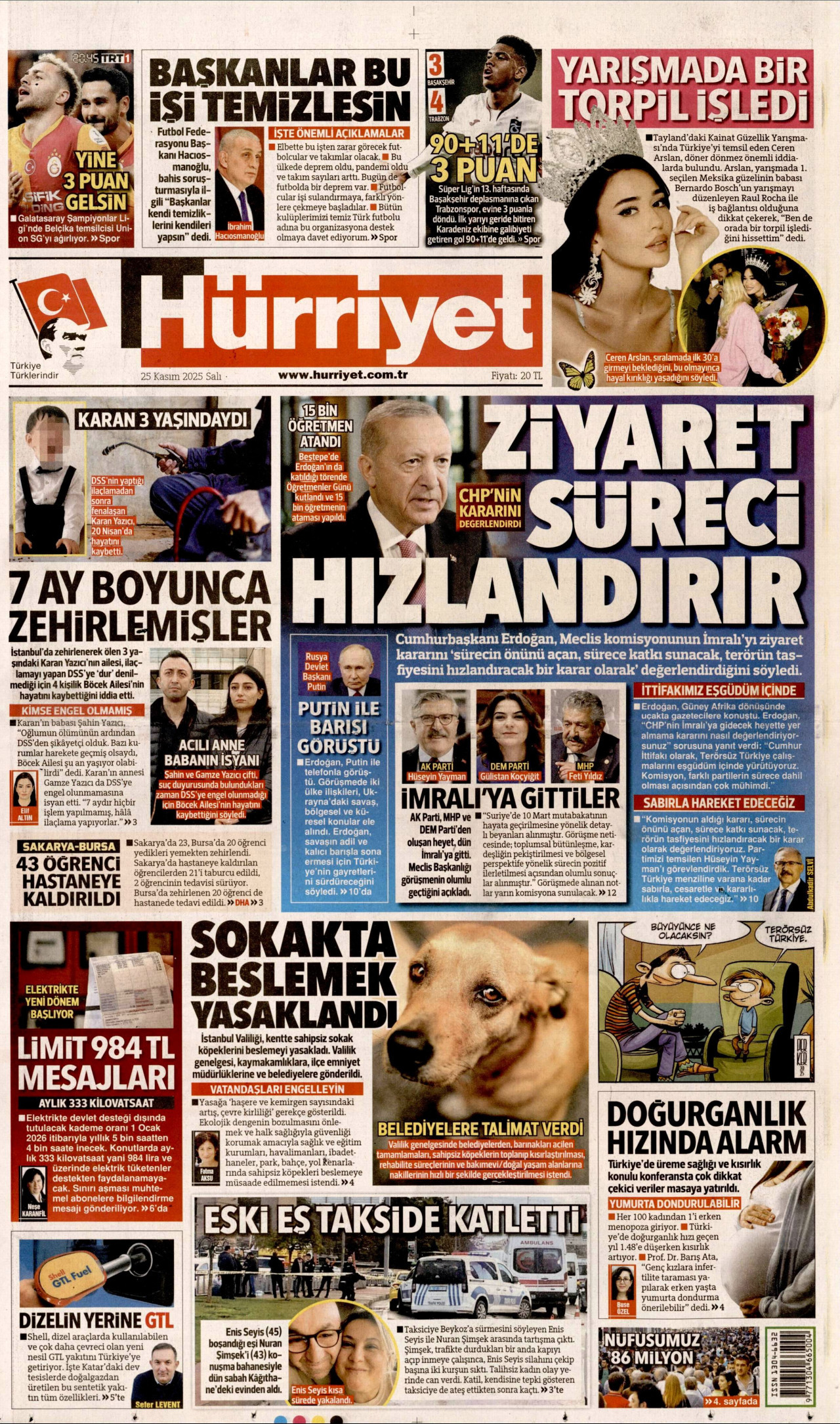 HÜRRİYET gazetesinin 25 Kasım 2025 tarihli birinci sayfası