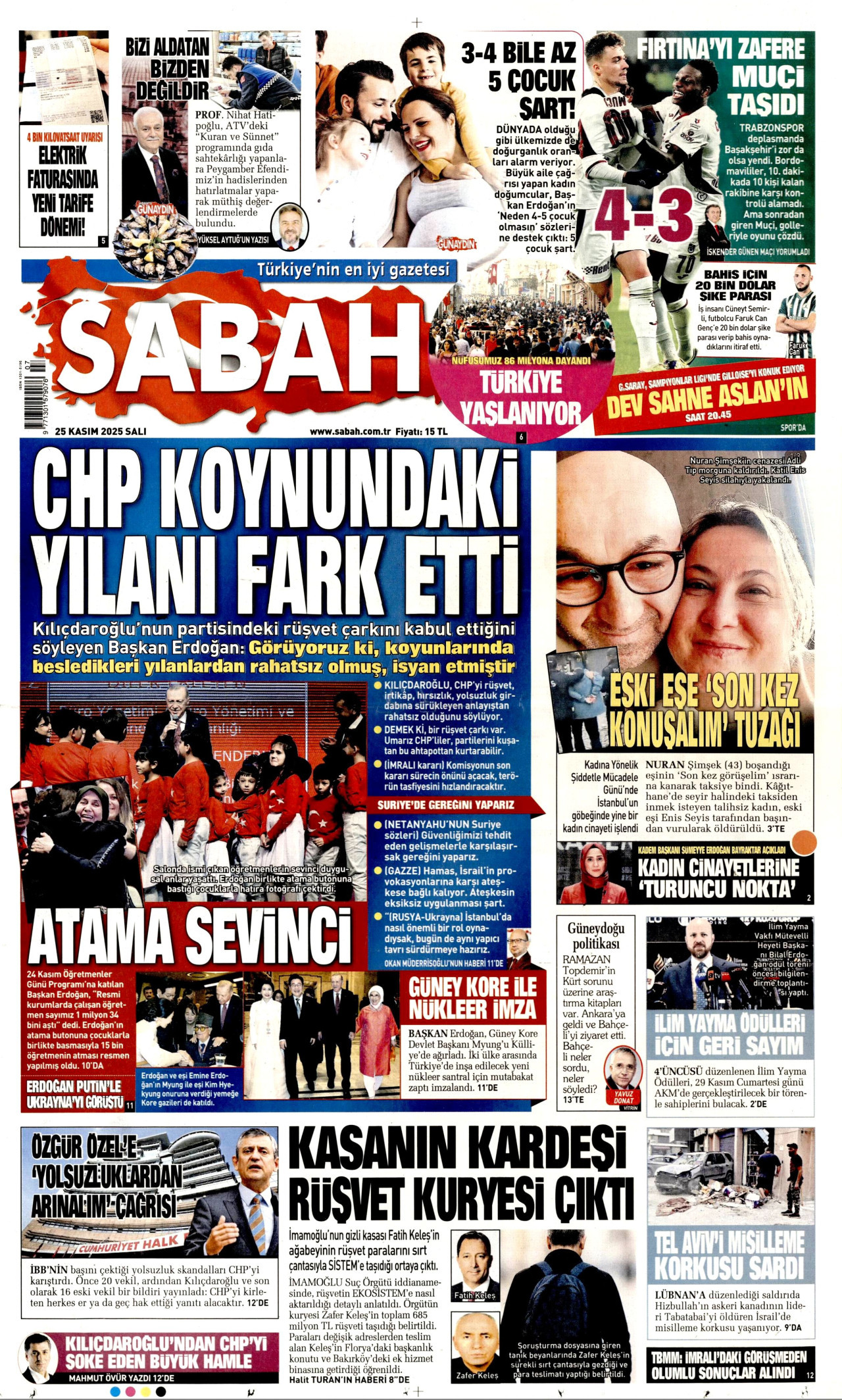 SABAH gazetesinin 25 Kasım 2025 tarihli birinci sayfası