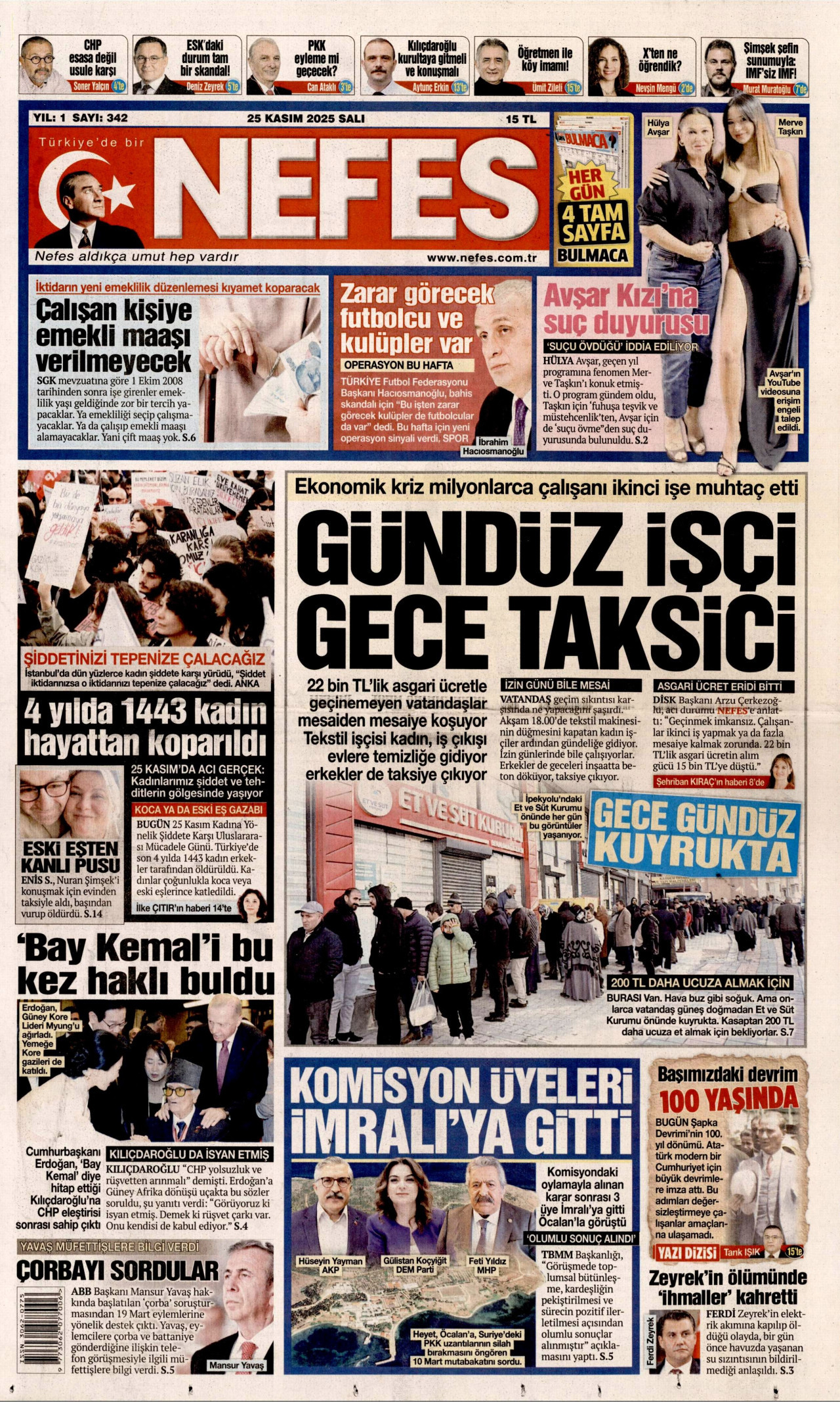 NEFES gazetesinin 25 Kasım 2025 tarihli birinci sayfası