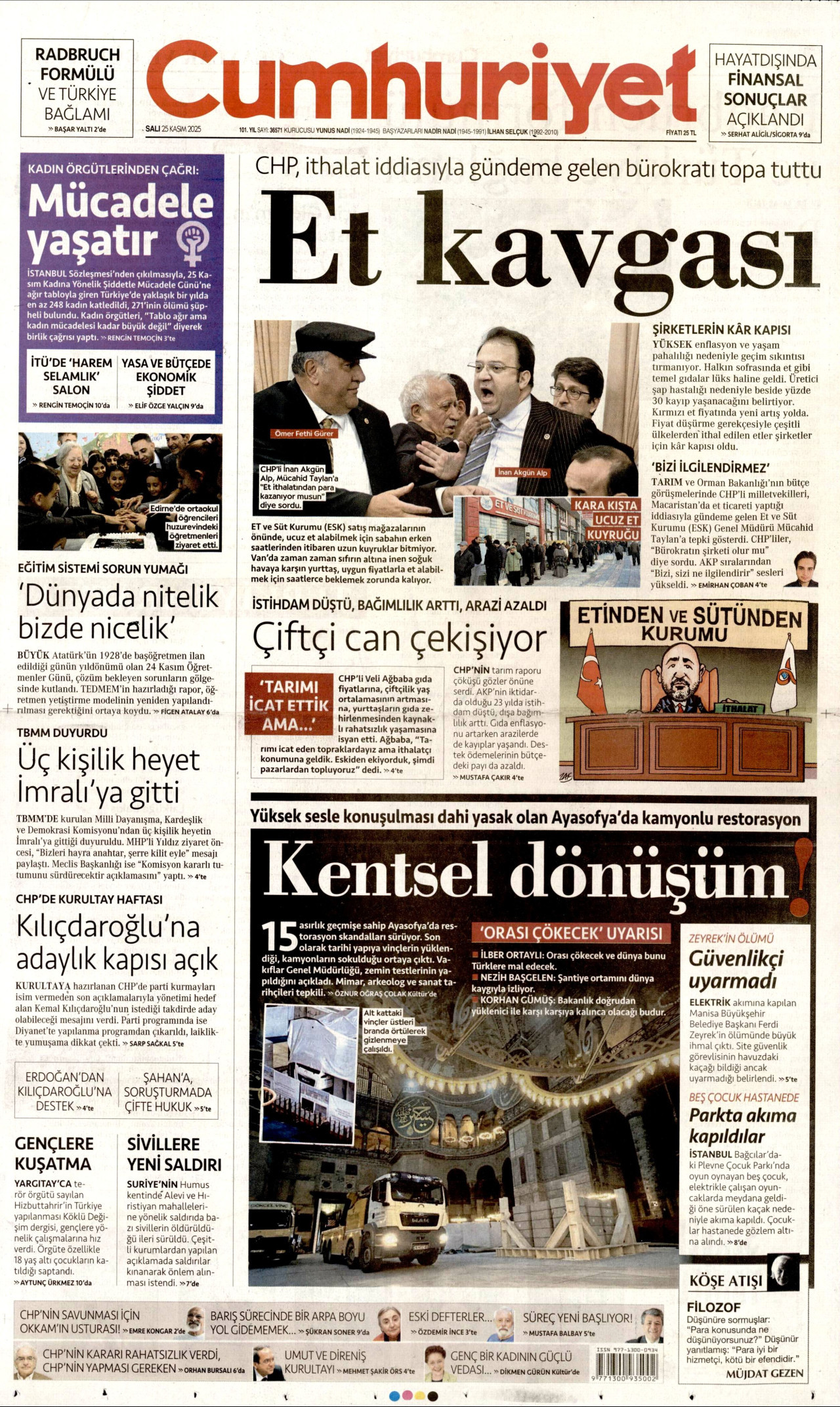 CUMHURİYET gazetesinin 25 Kasım 2025 tarihli birinci sayfası