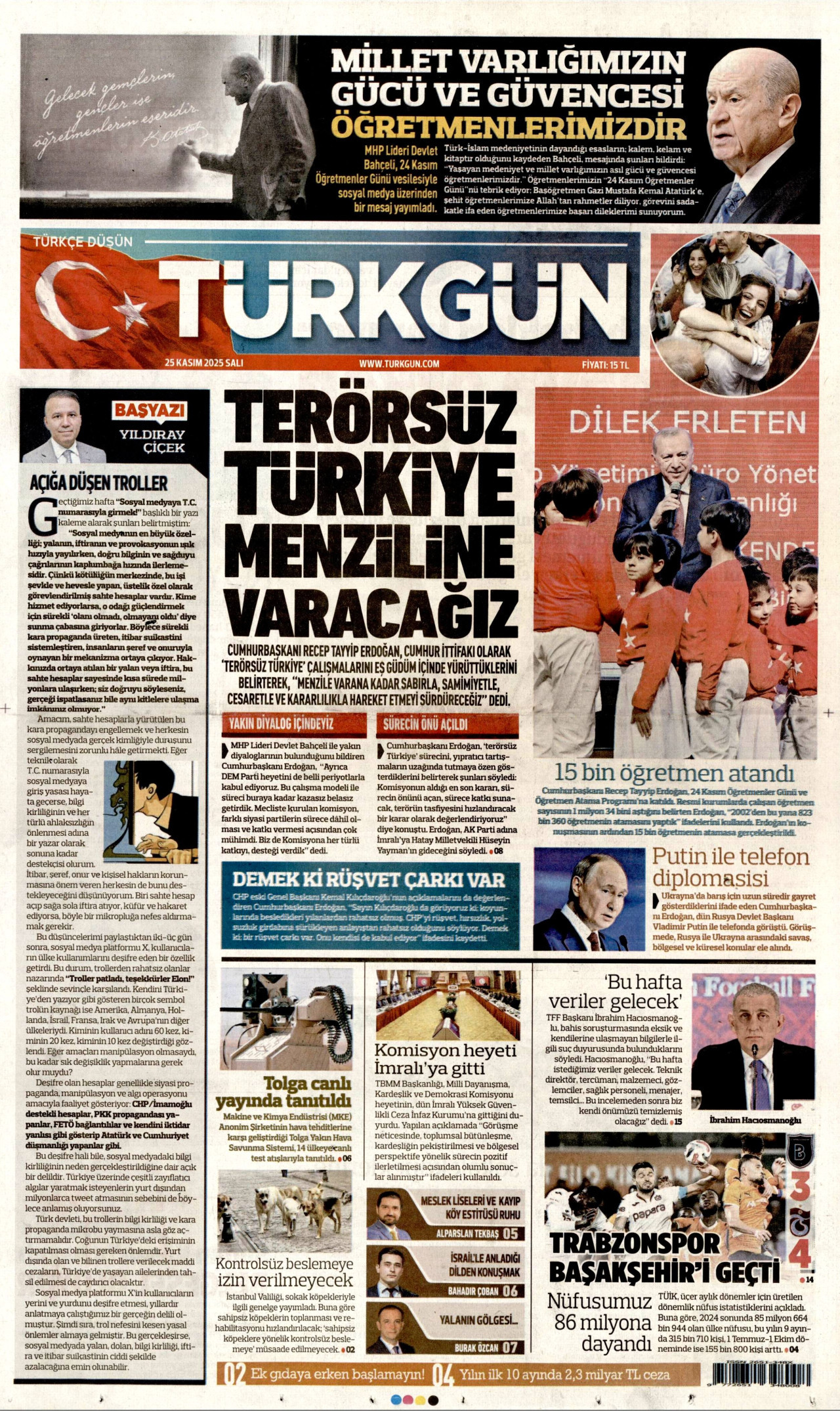TÜRKGÜN gazetesinin 25 Kasım 2025 tarihli birinci sayfası