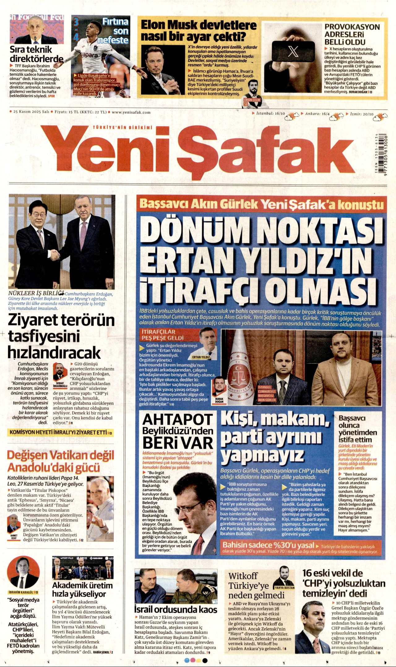 YENİ ŞAFAK gazetesinin 25 Kasım 2025 tarihli birinci sayfası