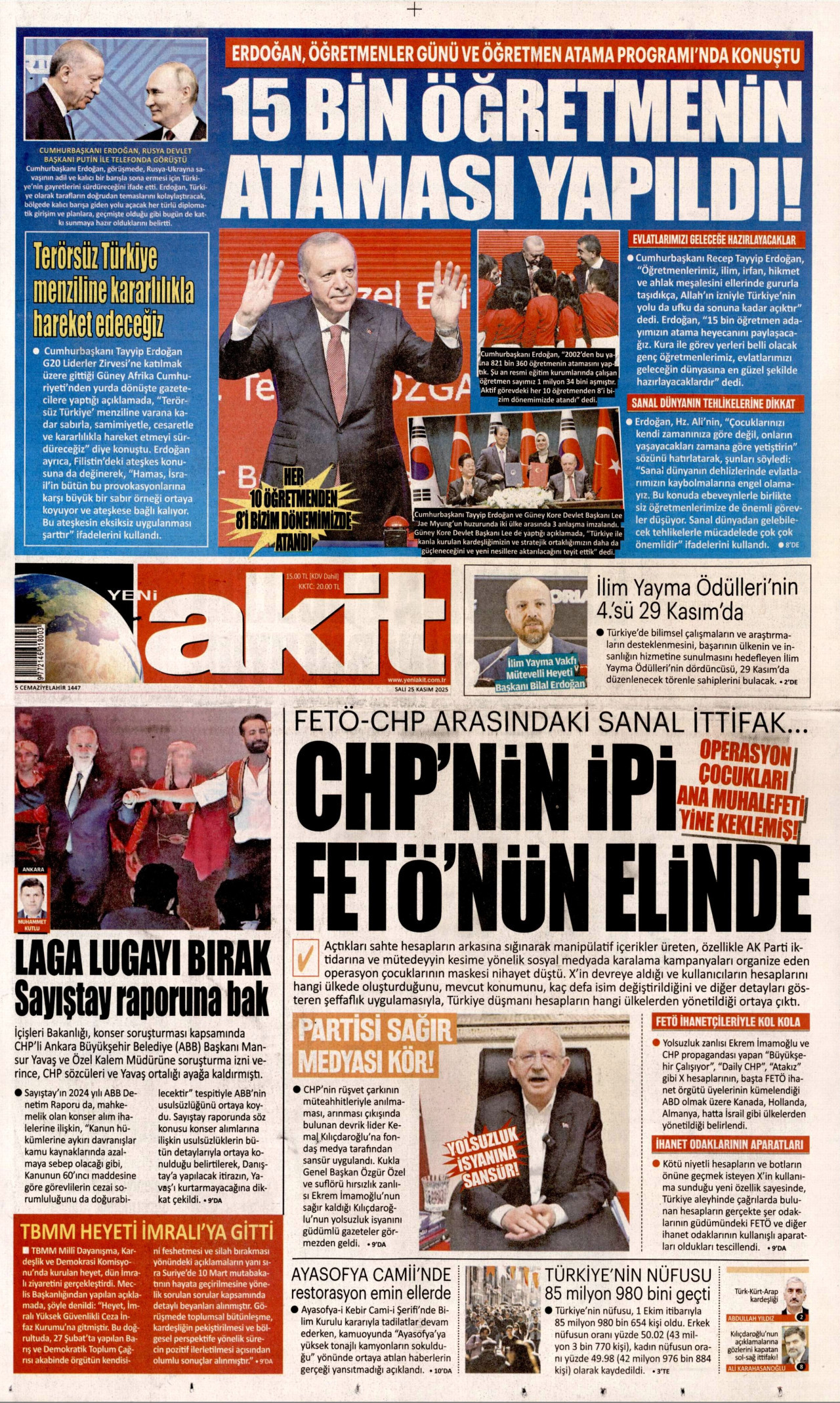 YENİ AKİT gazetesinin 25 Kasım 2025 tarihli birinci sayfası