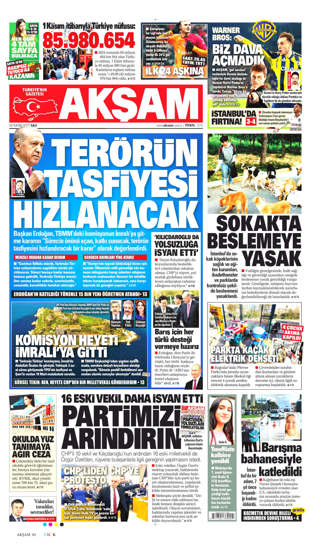 AKŞAM gazetesinin 25 Kasım 2025 tarihli birinci sayfası