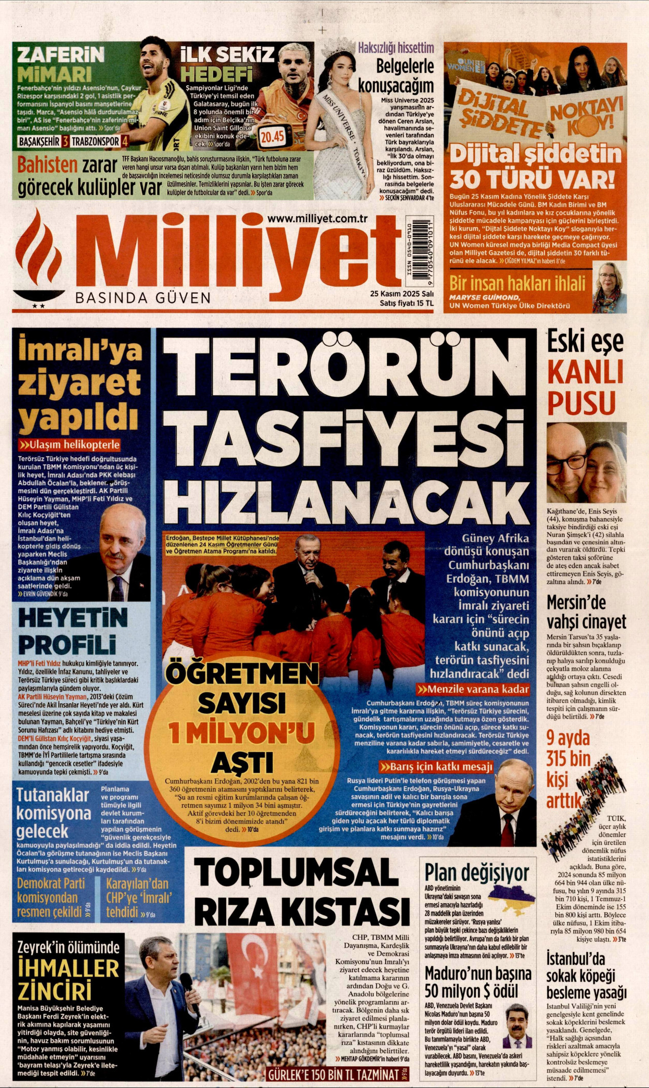 MİLLİYET gazetesinin 25 Kasım 2025 tarihli birinci sayfası
