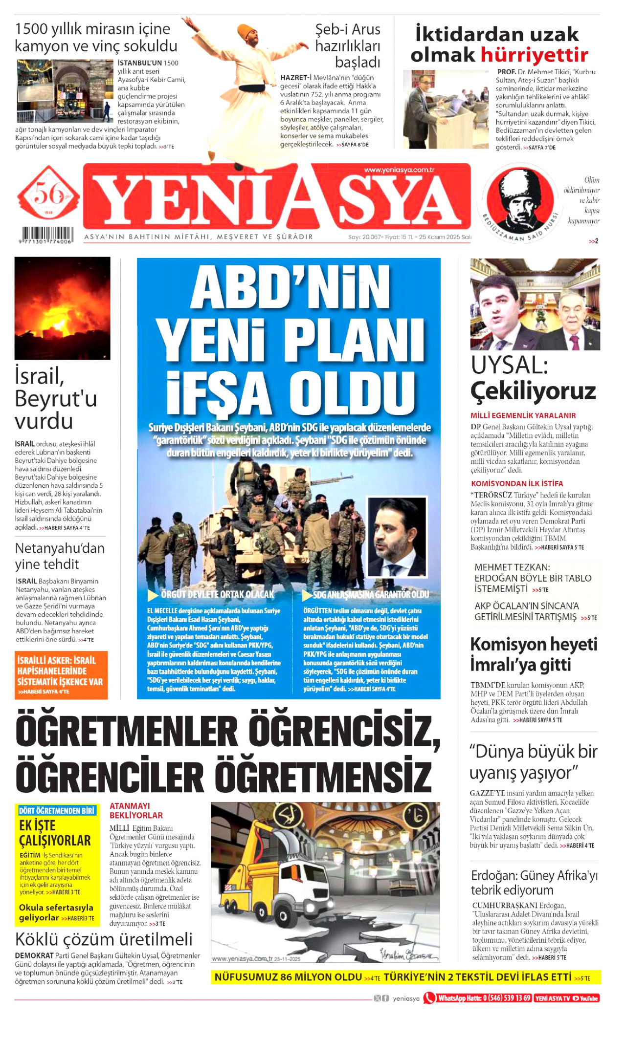 YENİ ASYA gazetesinin 25 Kasım 2025 tarihli birinci sayfası