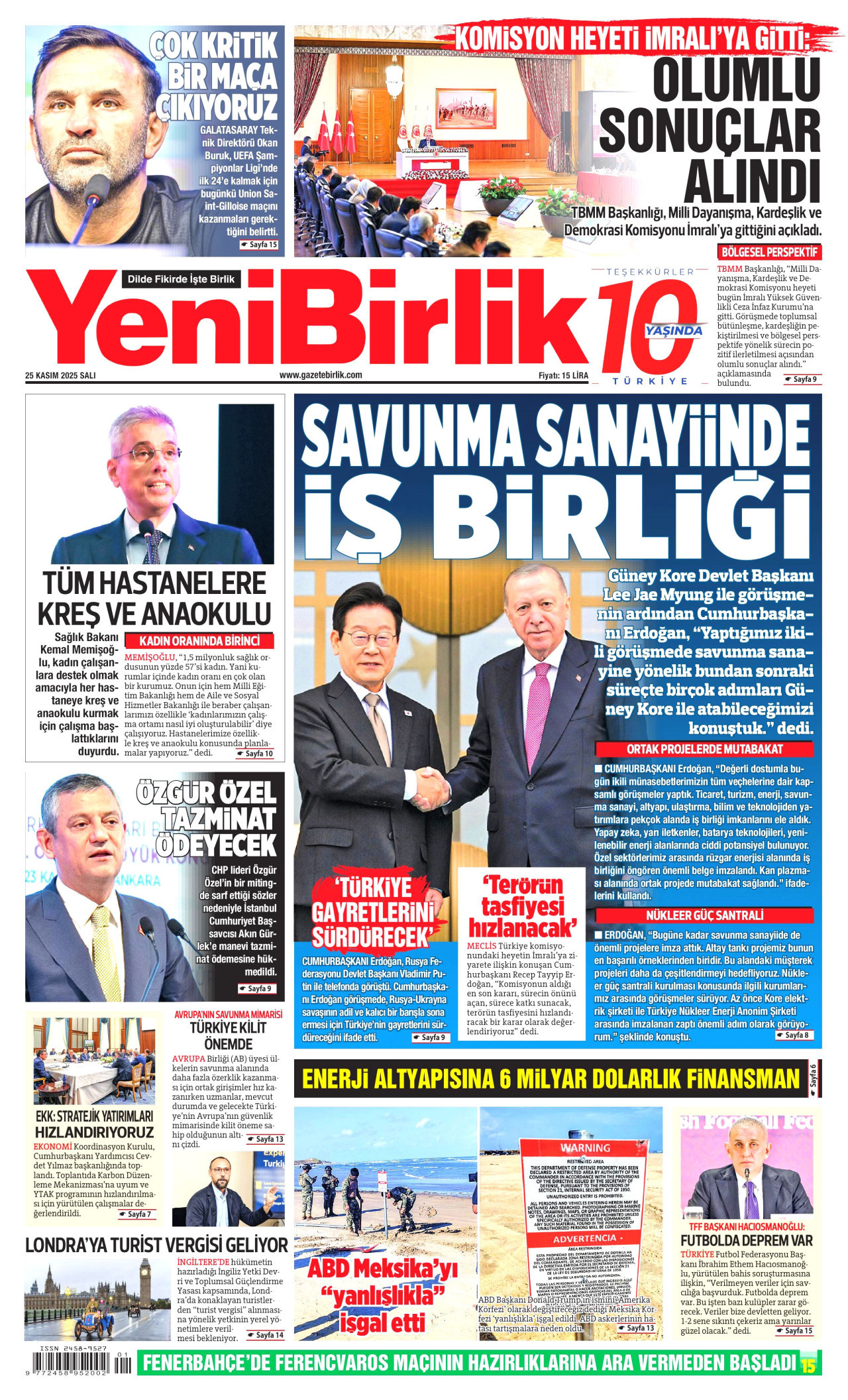 YENİBİRLİK gazetesinin 25 Kasım 2025 tarihli birinci sayfası