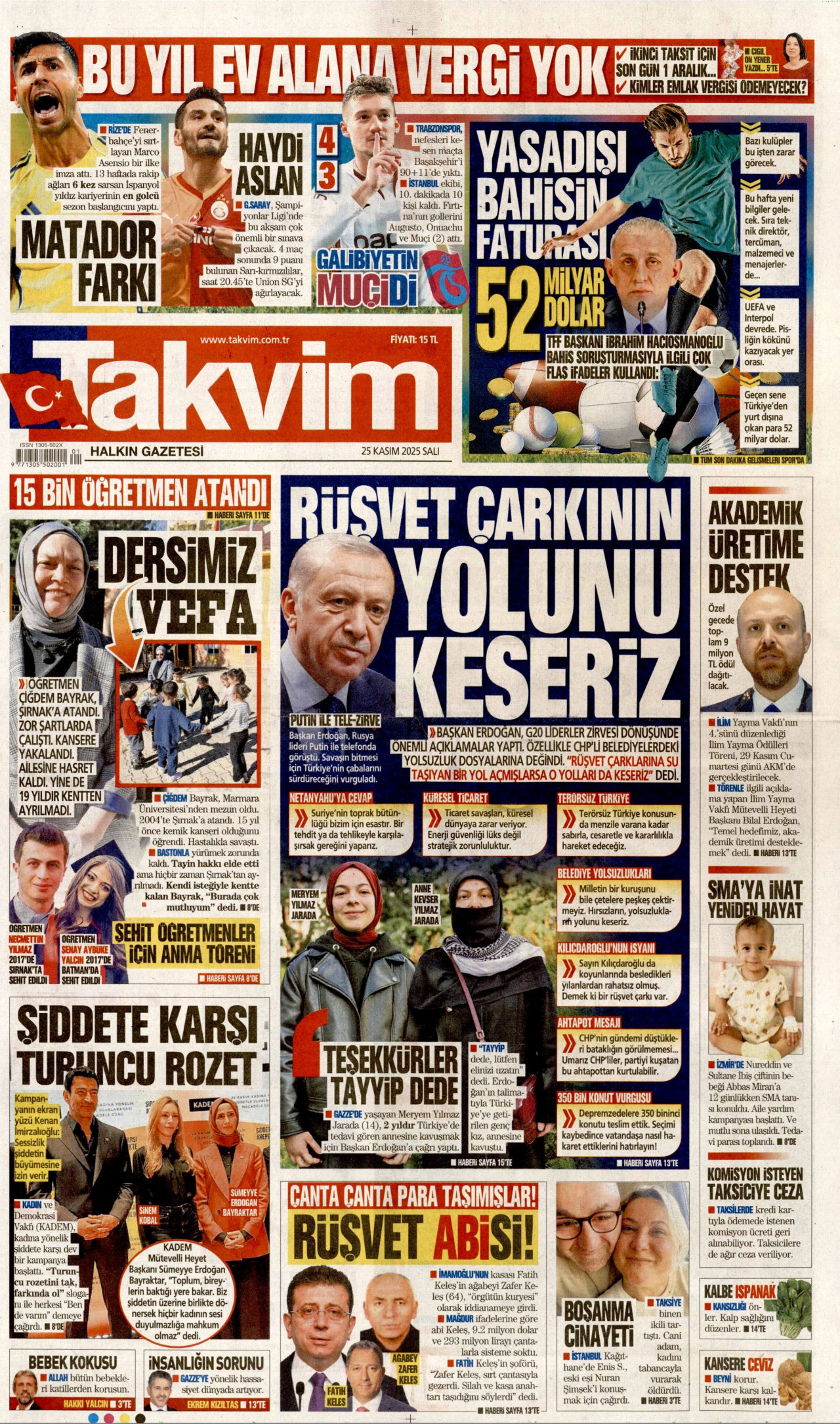 TAKVİM gazetesinin 25 Kasım 2025 tarihli birinci sayfası