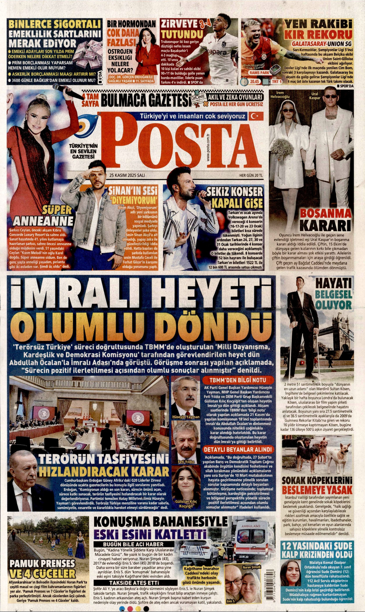 POSTA gazetesinin 25 Kasım 2025 tarihli birinci sayfası