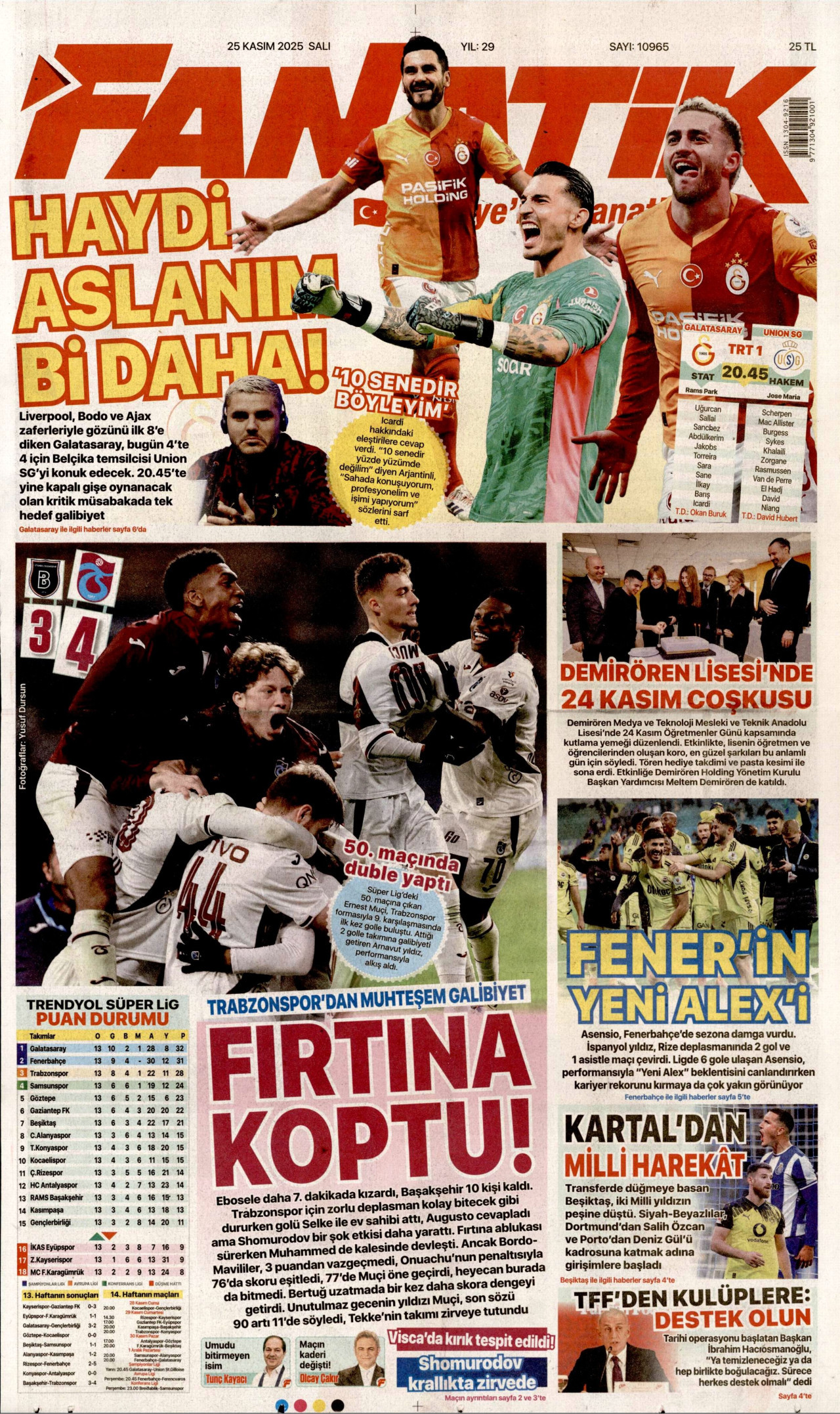 FANATİK gazetesinin 25 Kasım 2025 tarihli birinci sayfası