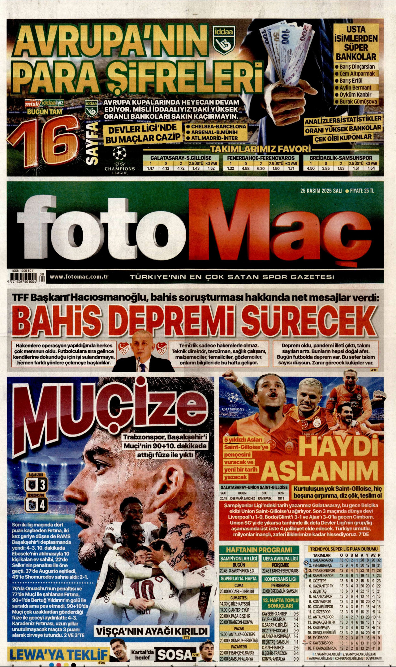 FOTOMAÇ gazetesinin 25 Kasım 2025 tarihli birinci sayfası