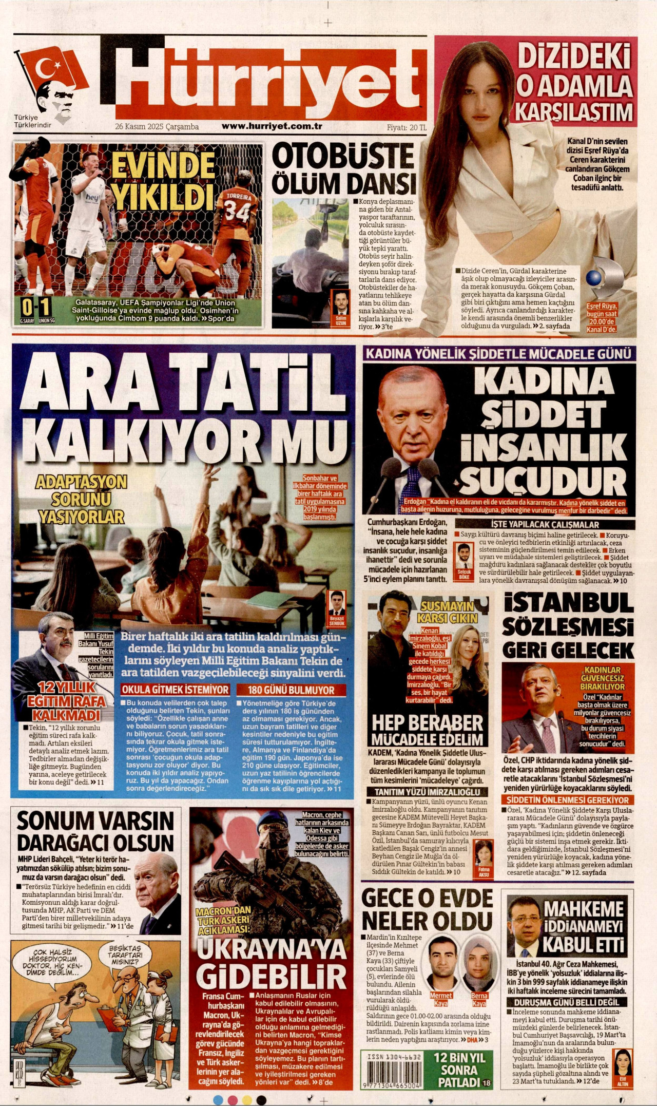 HÜRRİYET gazetesinin 26 Kasım 2025 tarihli birinci sayfası