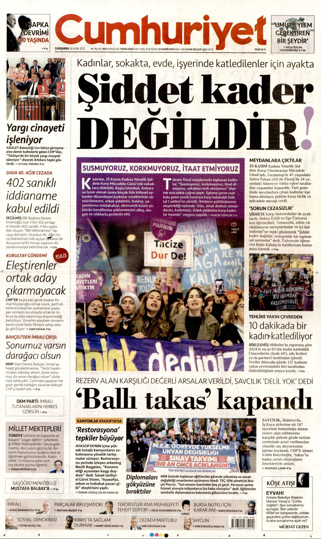 CUMHURİYET gazetesinin 26 Kasım 2025 tarihli birinci sayfası