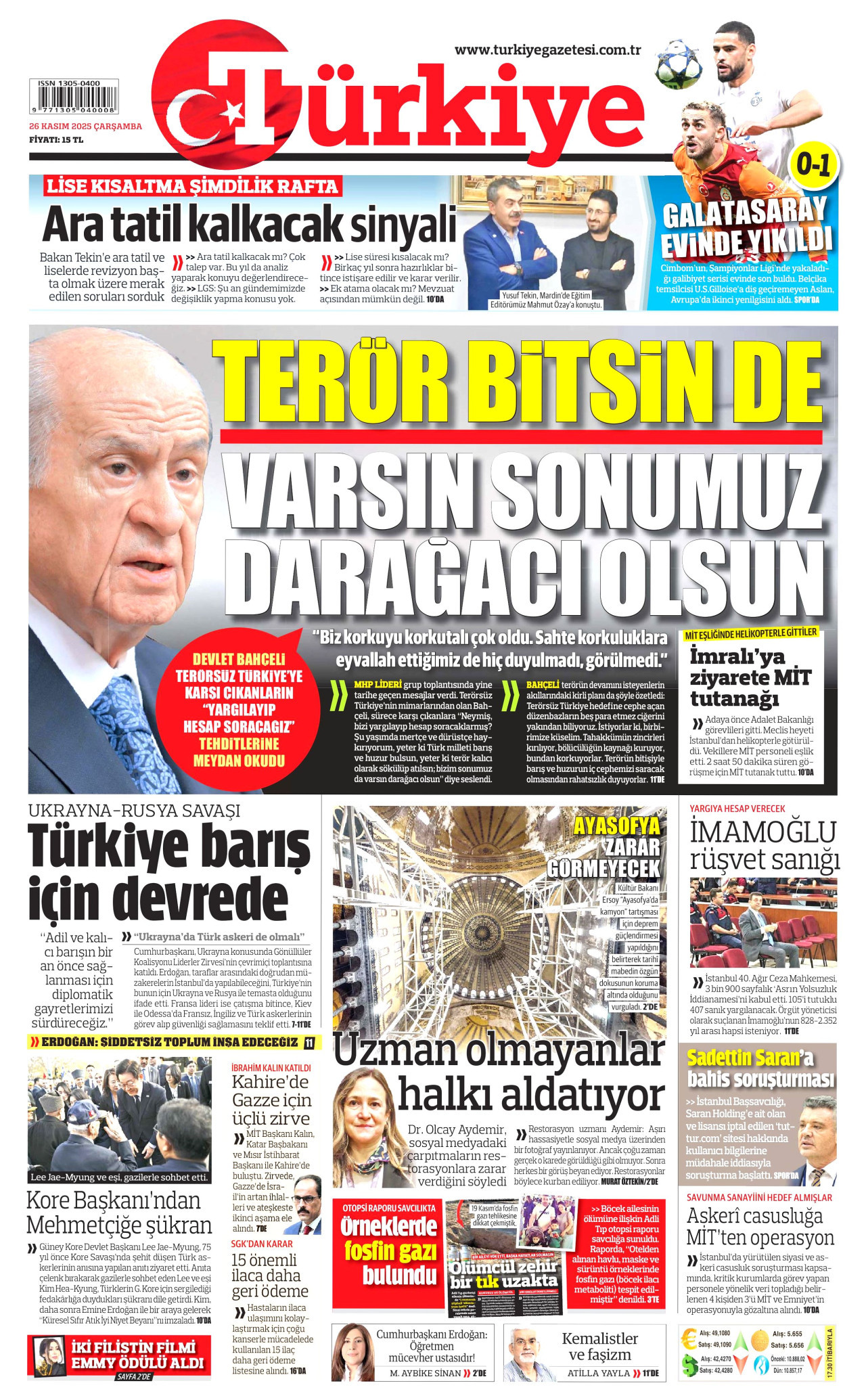 TÜRKİYE GAZETESİ gazetesinin 26 Kasım 2025 tarihli birinci sayfası