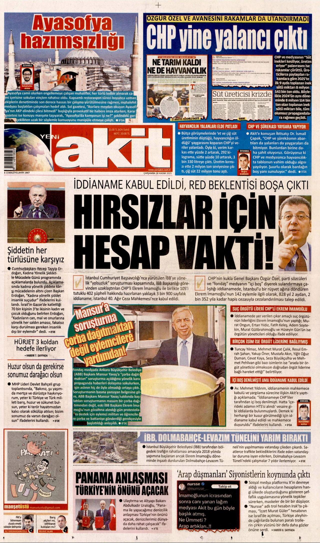 YENİ AKİT gazetesinin 26 Kasım 2025 tarihli birinci sayfası