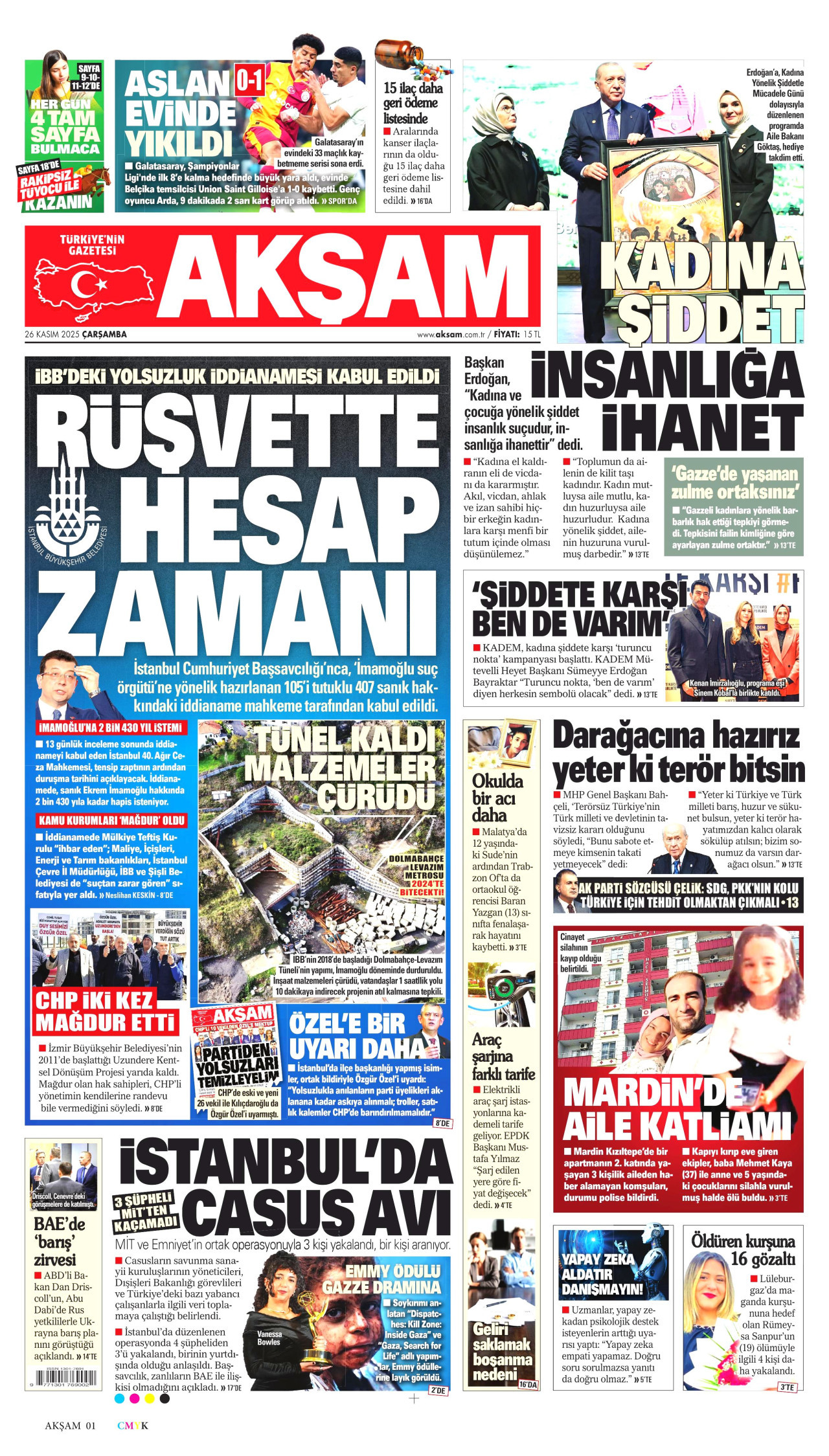 AKŞAM gazetesinin 26 Kasım 2025 tarihli birinci sayfası
